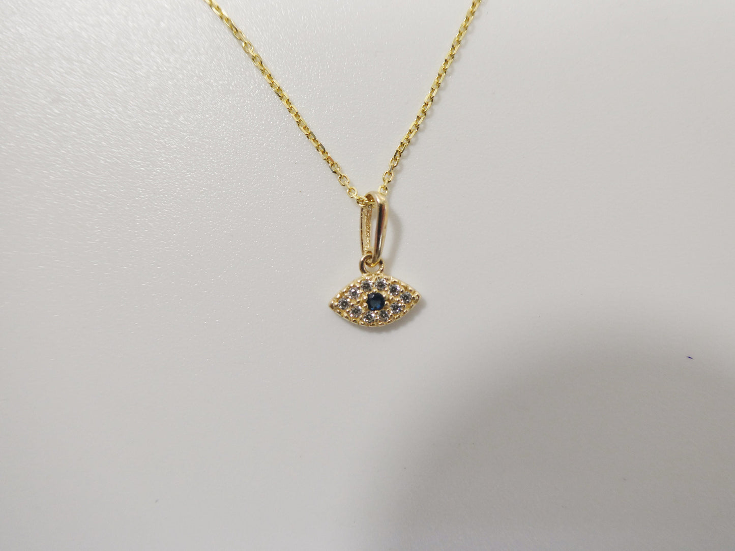 14k real solid yellow gold small evil eye pendent and cable necklace