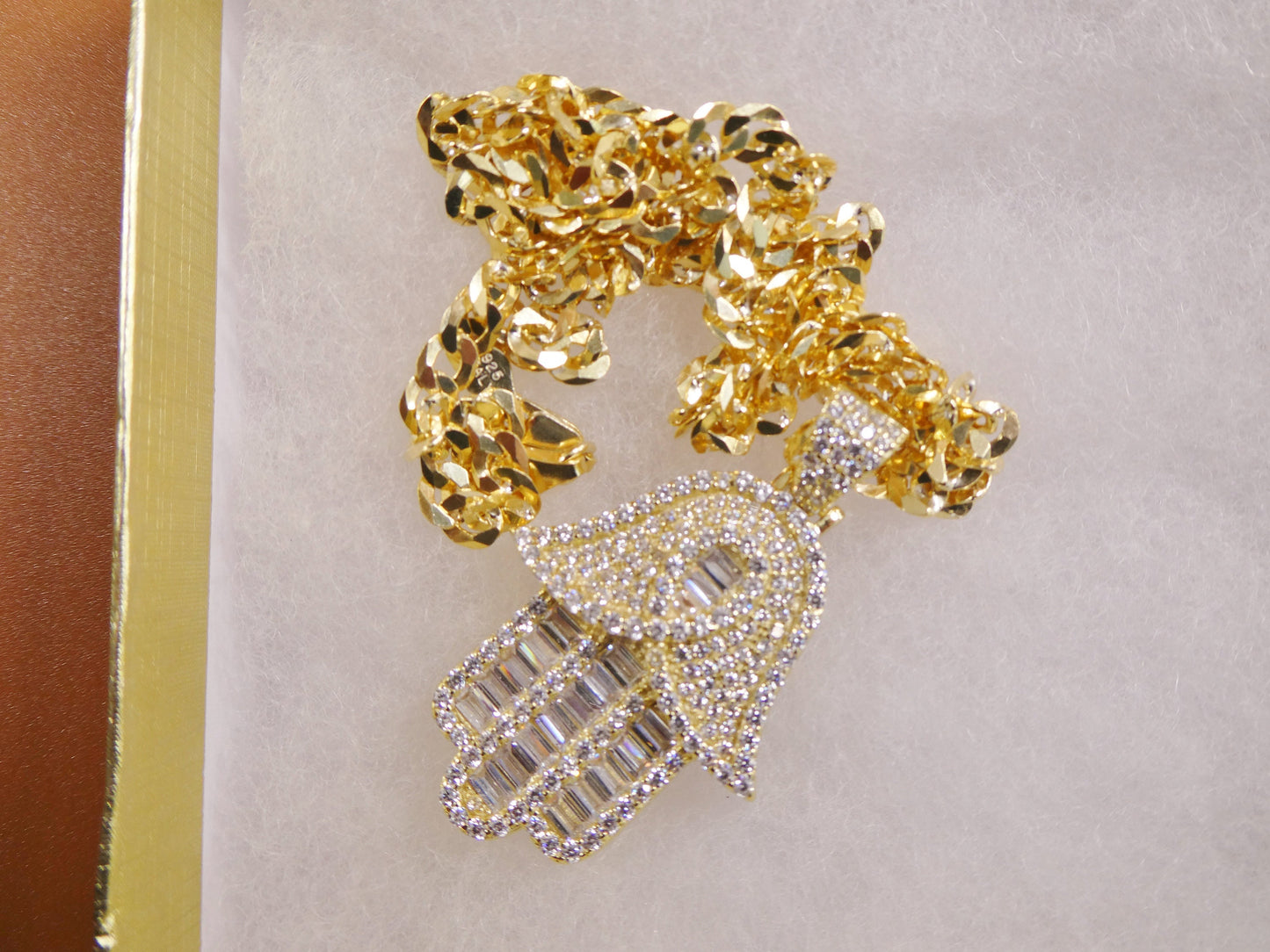 14k yellow gold color tone chain and hamsa evil eye charm pendent over real 925 sterling silver