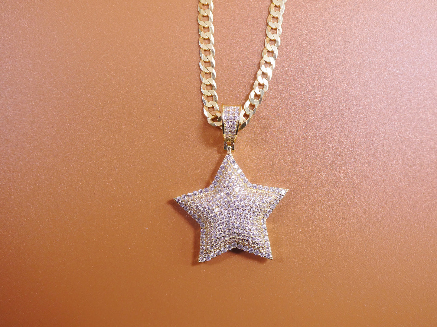 14k yellow gold color tone chain and star charm pendent over real 925 sterling silver