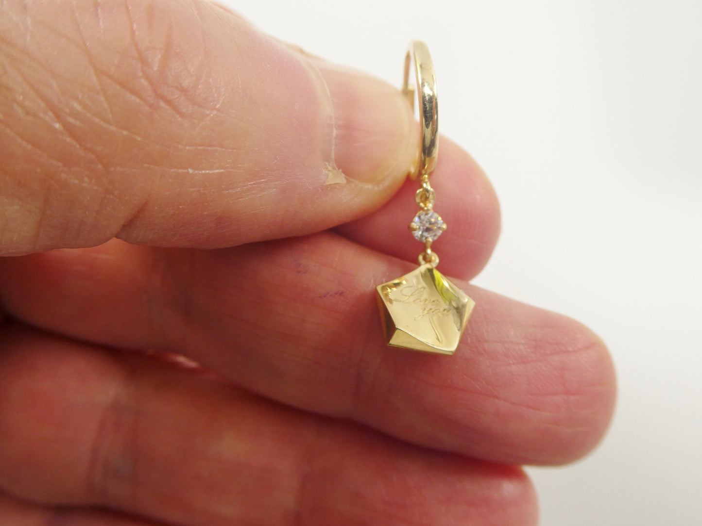 10k real yellow gold love engrave dangle plain huggie earring