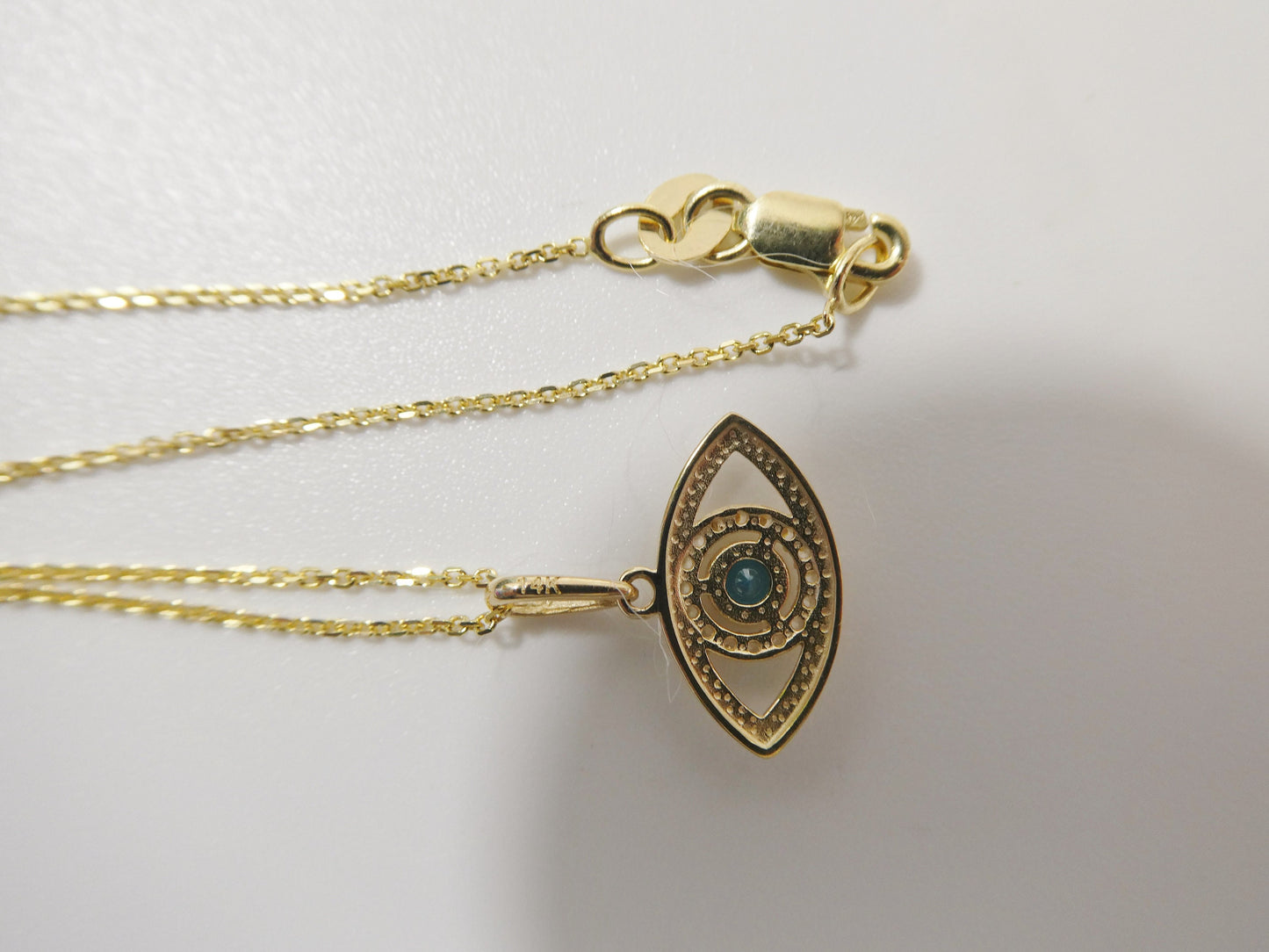 14k real solid yellow gold evil eye pendent and cable necklace