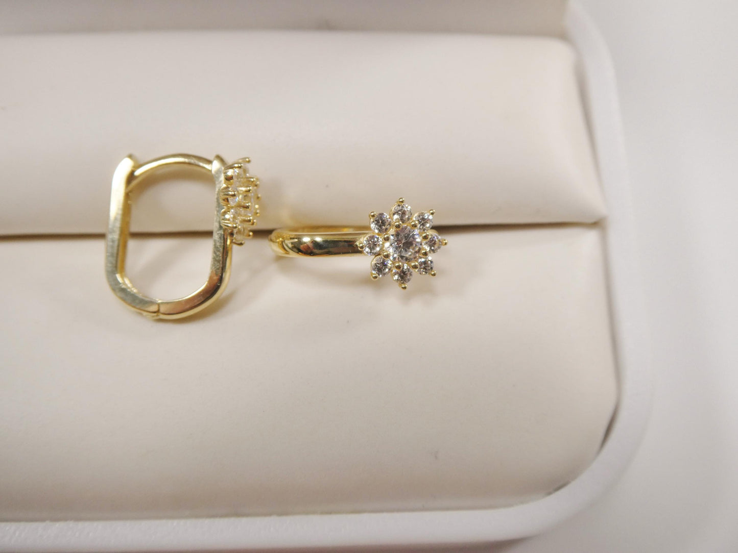 real 10k solid yellow gold cz earring / cartilage daith hoop huggie earring