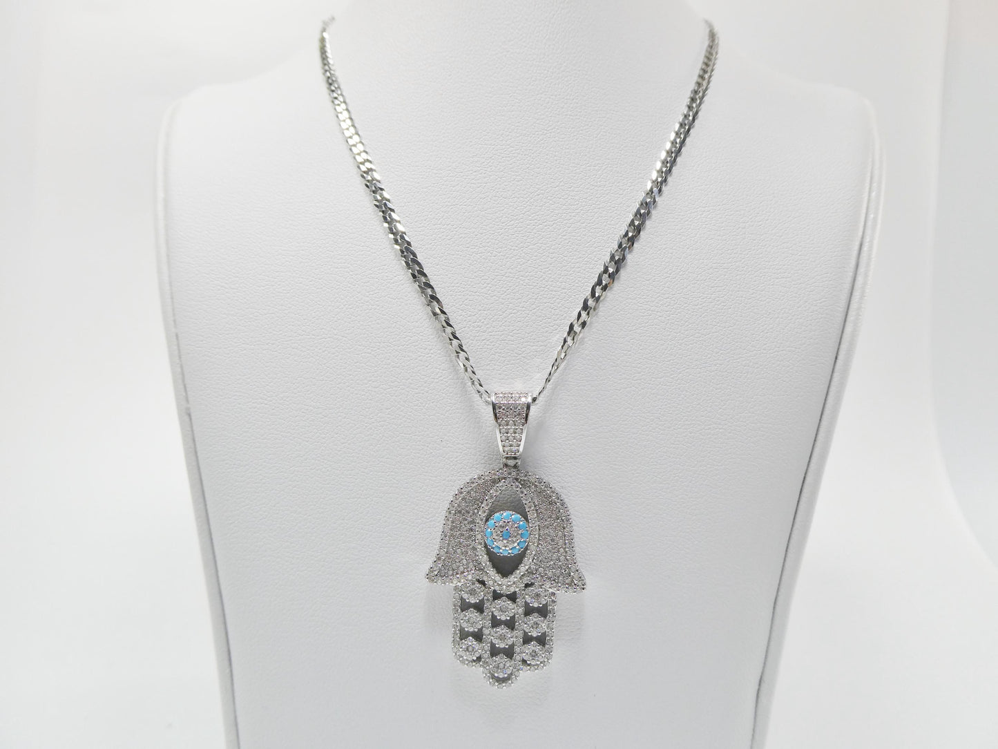 real 925 sterling silver 22 inch chain and hamsa evil eye charm pendent