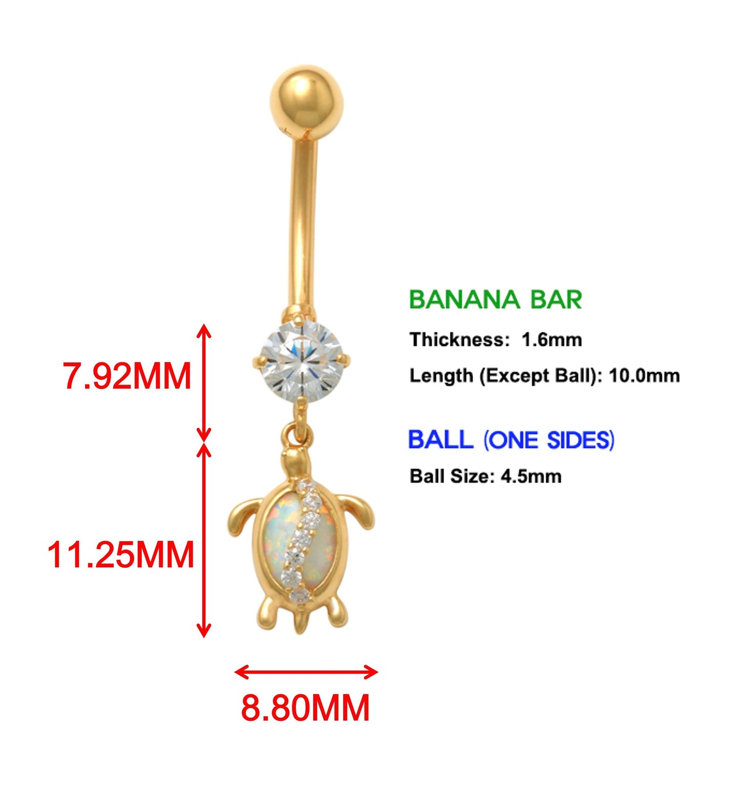 14k real solid yellow gold mother of pearl turtle belly button ring piercing