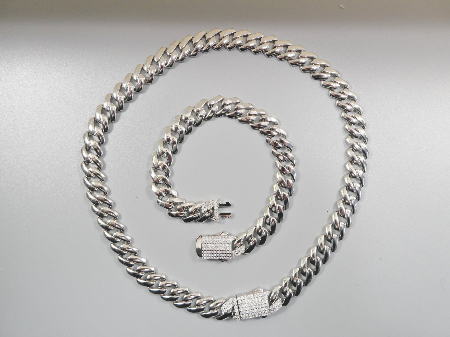 11mm real 925 sterling silver Monaco style bracelet and necklace 14k white gold finish