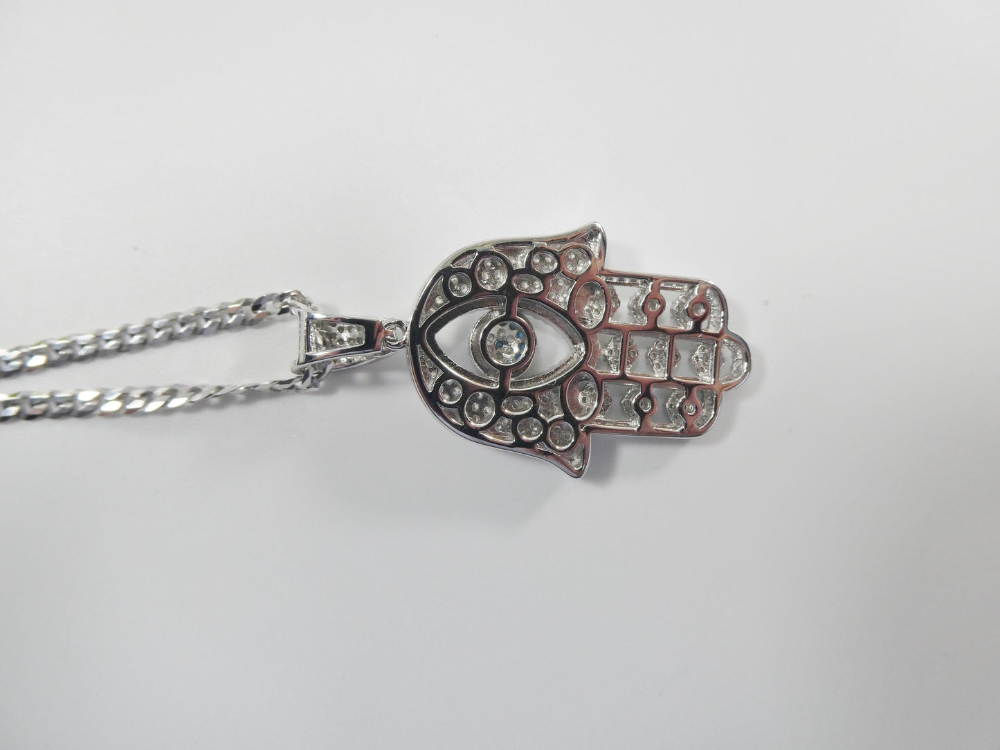 real 925 sterling silver 22 inch chain and hamsa evil eye charm pendent