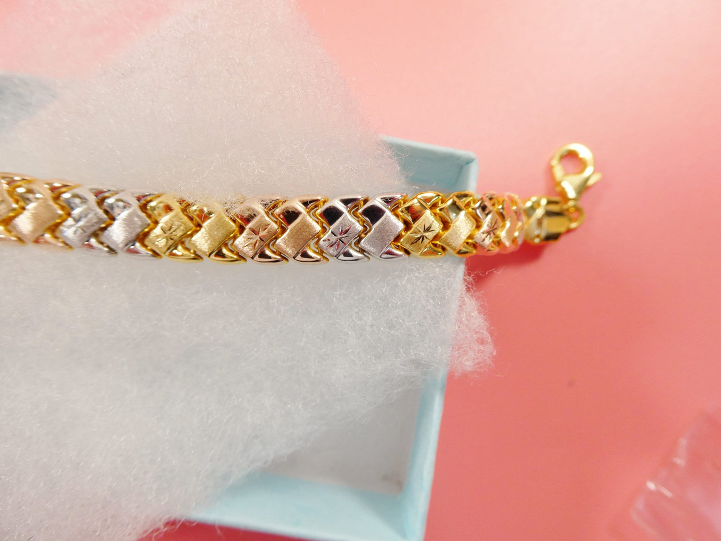 8 inch basket STAMPATO bracelet tri color tone 14k yellow gold color finish over real 925 sterling silver