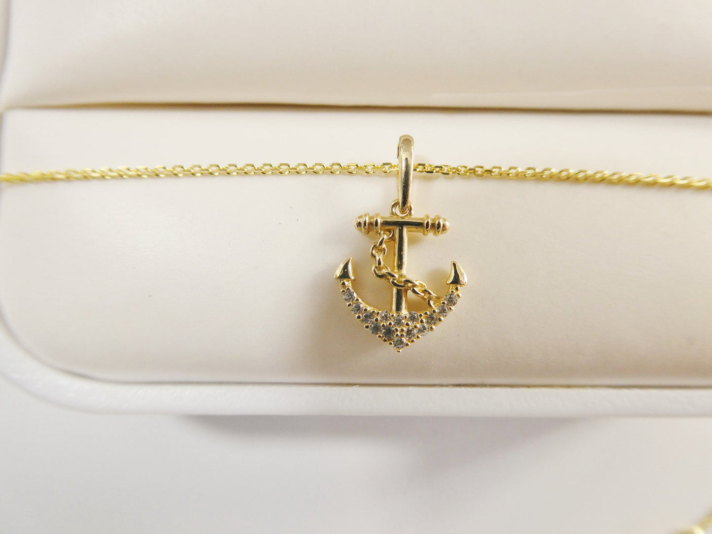 14k real solid yellow gold anchor pendent and cable necklace