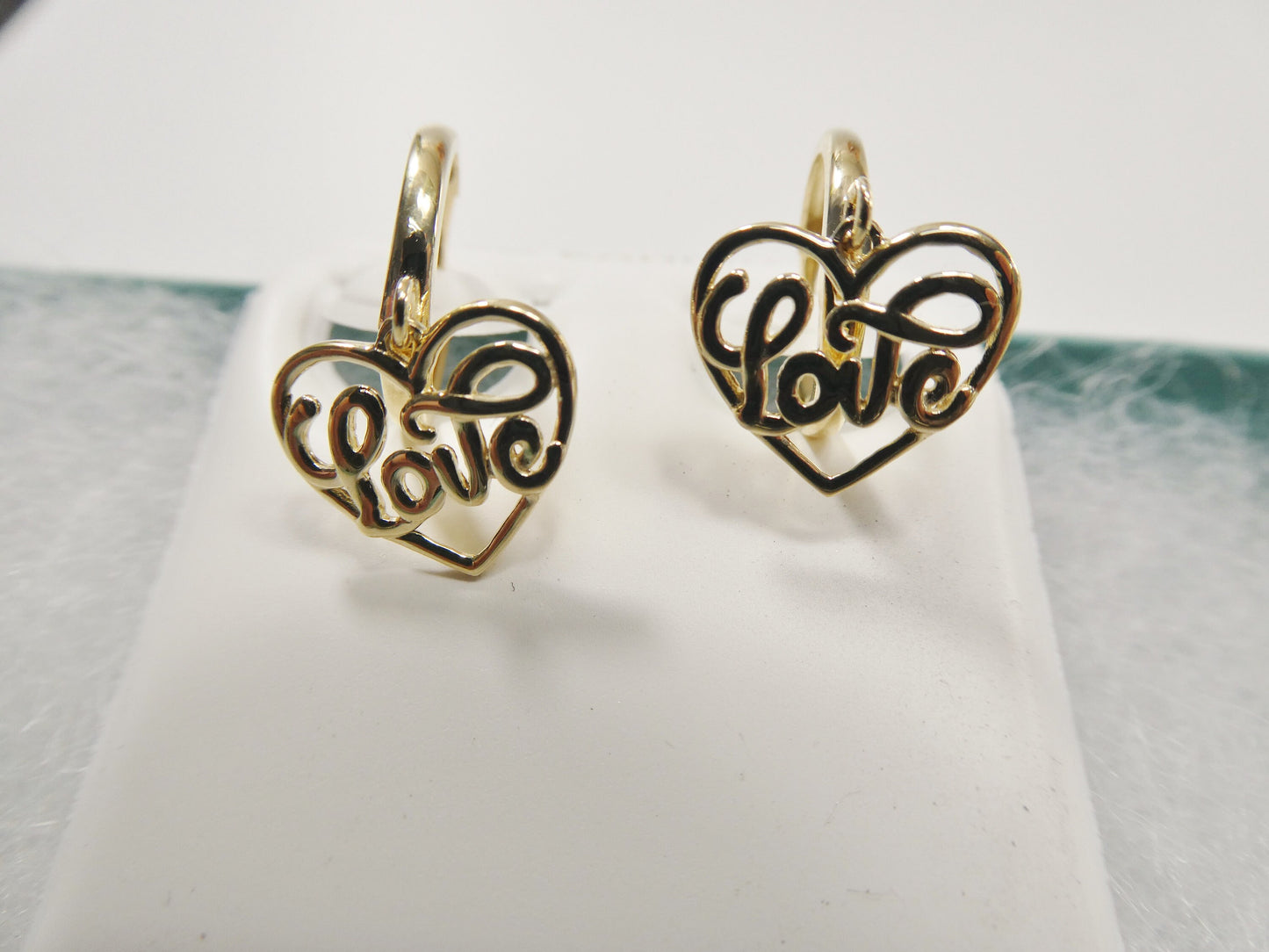 real 10k solid yellow gold script love letter heart drop super polish hoop huggie earrings