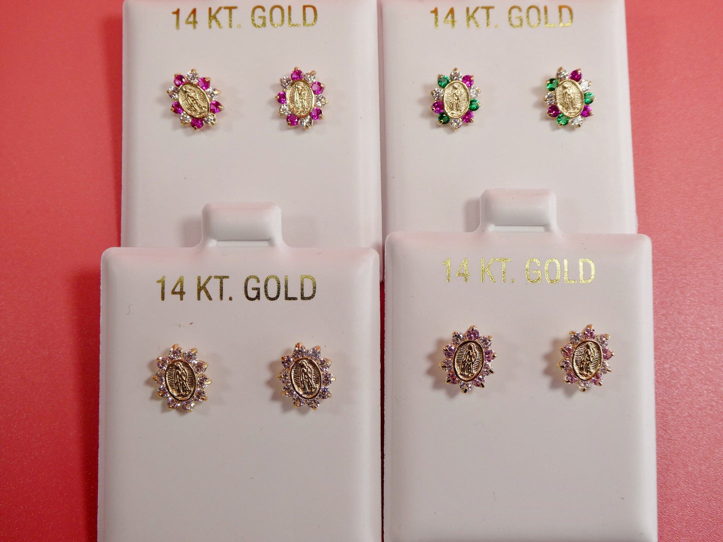 14k real solid yellow gold screw back Guadalupe virgin Mary earrings oval shape