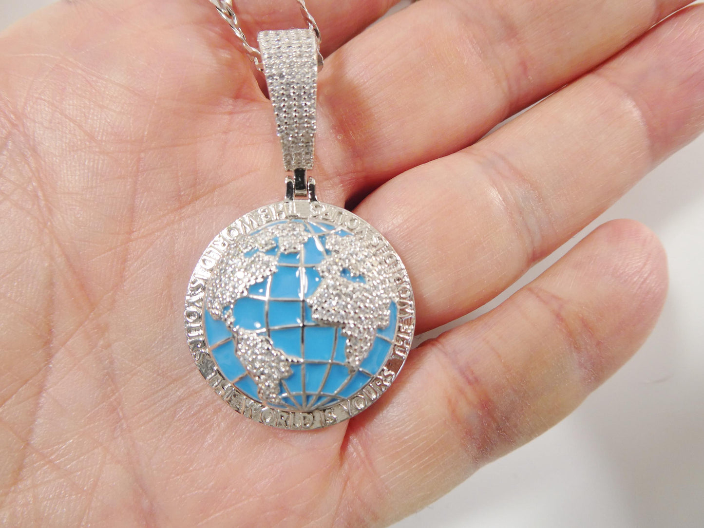 real 925 sterling silver enamel globe pendent necklace