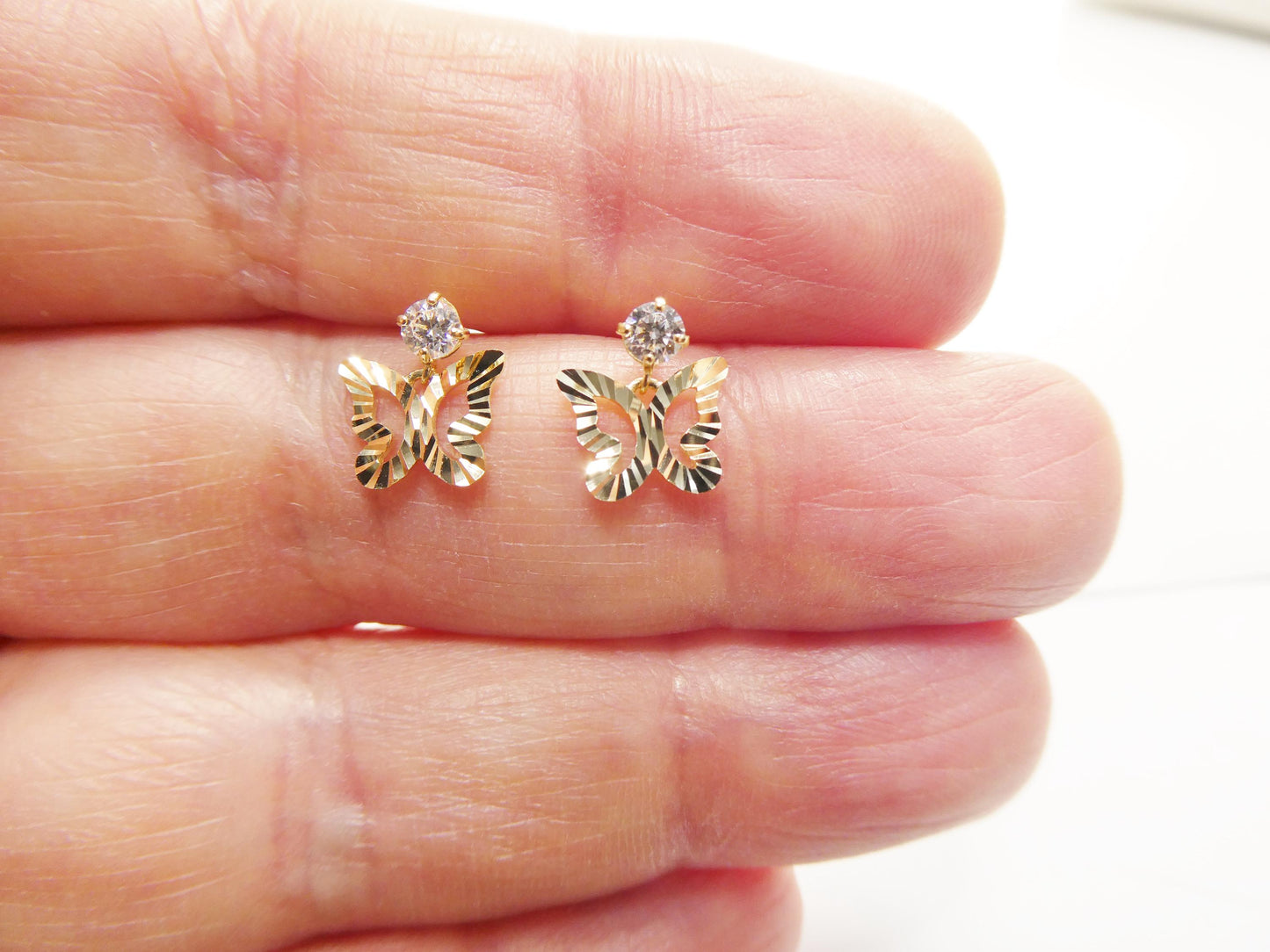 real 10k solid yellow gold design butterfly dangling push post earrings