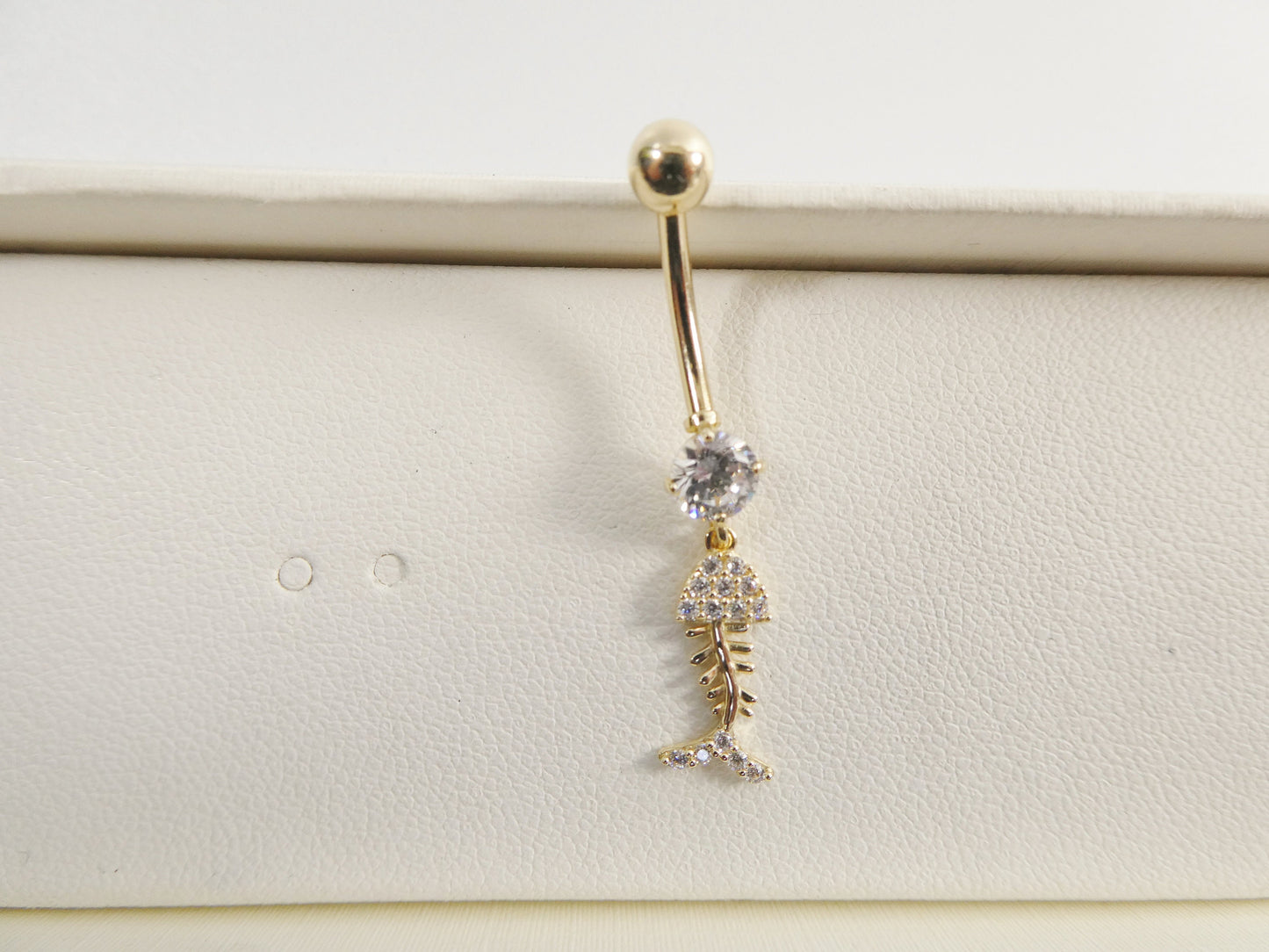 14k real solid yellow gold fish skeleton dangling belly button ring piercing