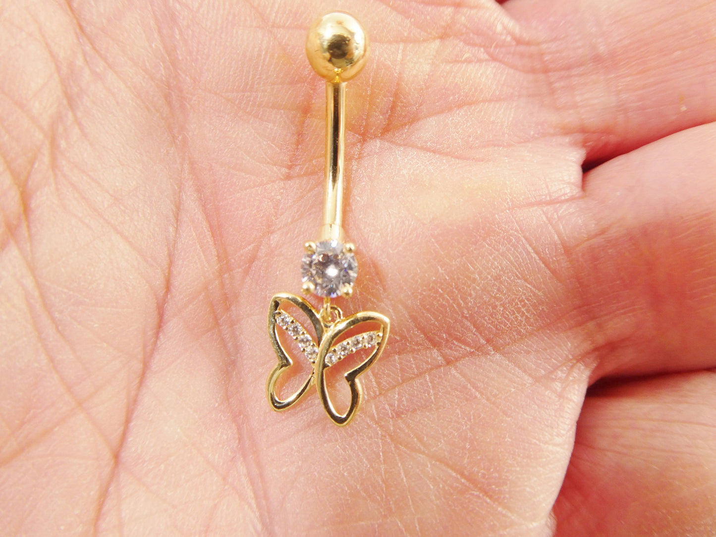 14k real solid yellow gold butterfly dangling belly button ring piercing