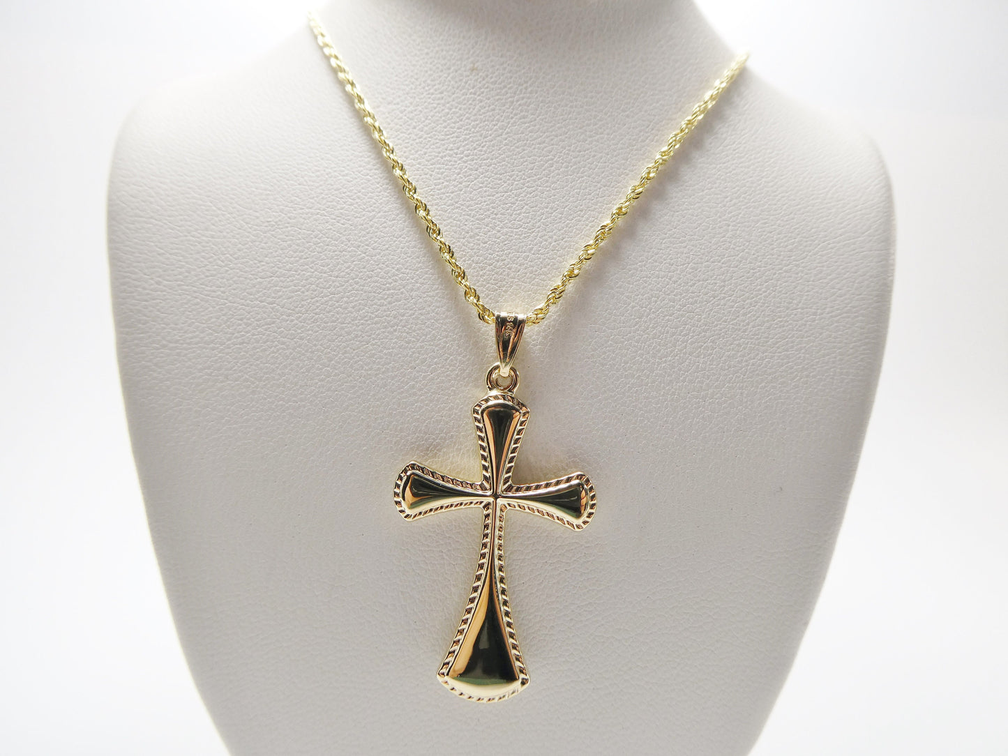 14k real solid yellow gold super high polish cross pendent and robe necklace