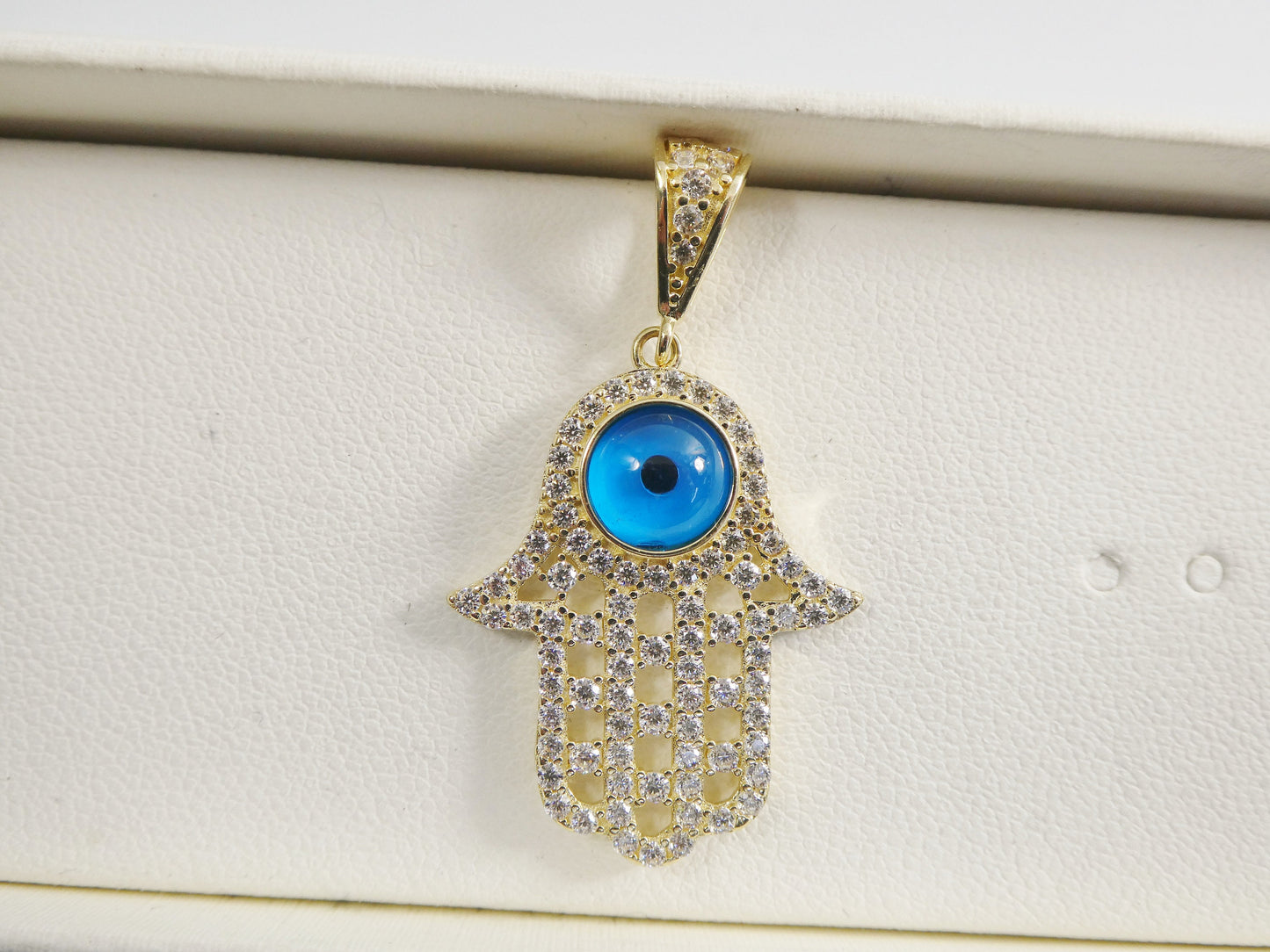 14k real solid yellow gold full stone setting evil eye hamsa charm pendent