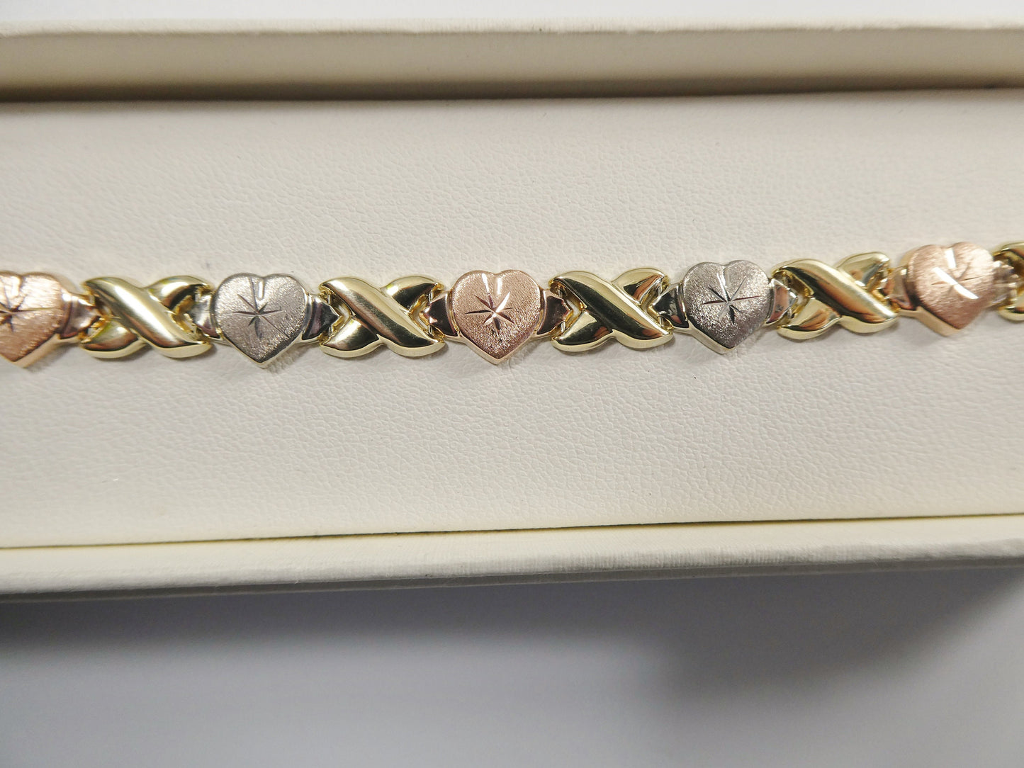 real 10k solid yellow gold xo heart hugs and kisses tri color stampato bracelet
