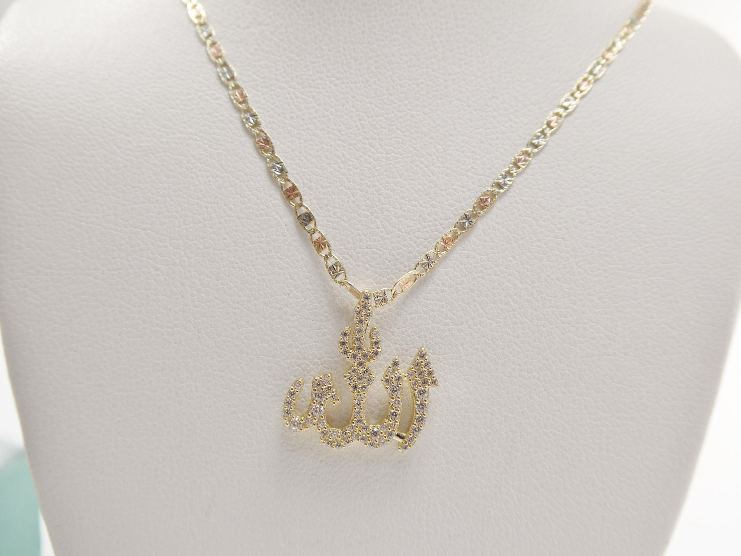 10k real solid yellow gold small ALLAH Muslim pendent and 16 inch Valentino necklace