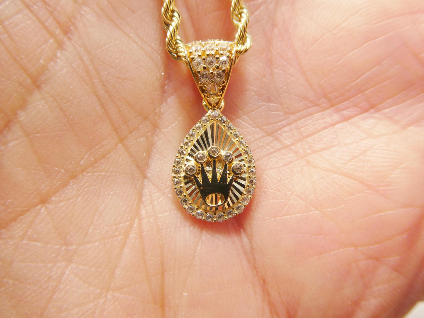 10k real solid yellow gold crown pendent and rope necklace