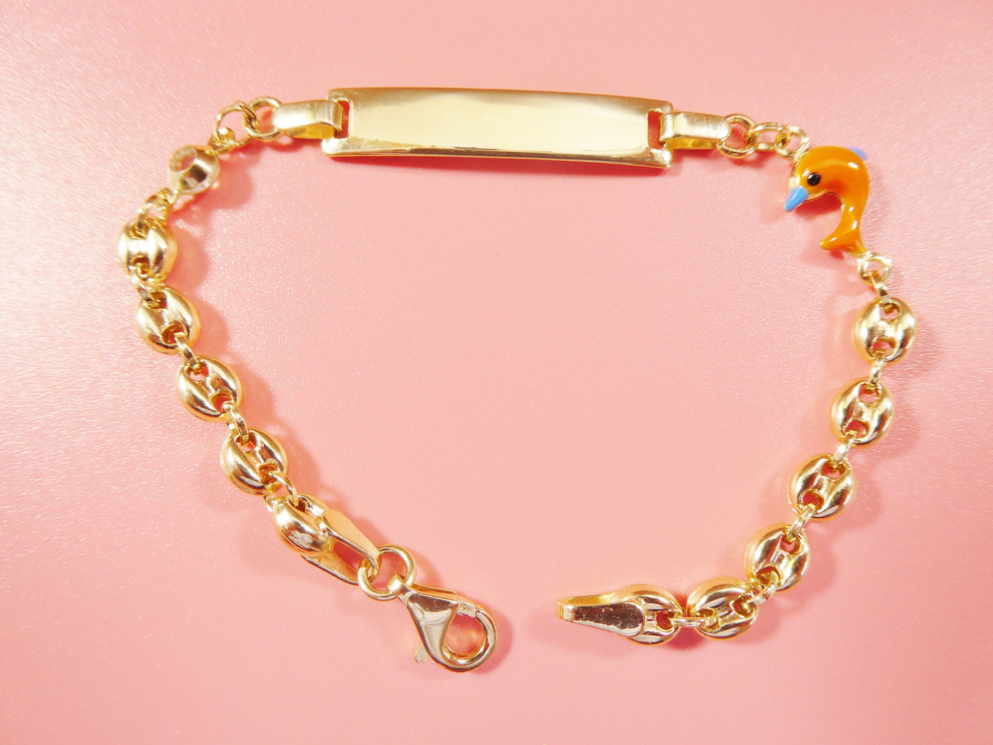 14k real solid yellow gold buff mariner enamel dolphin fish 6 inch heart baby ID bracelet