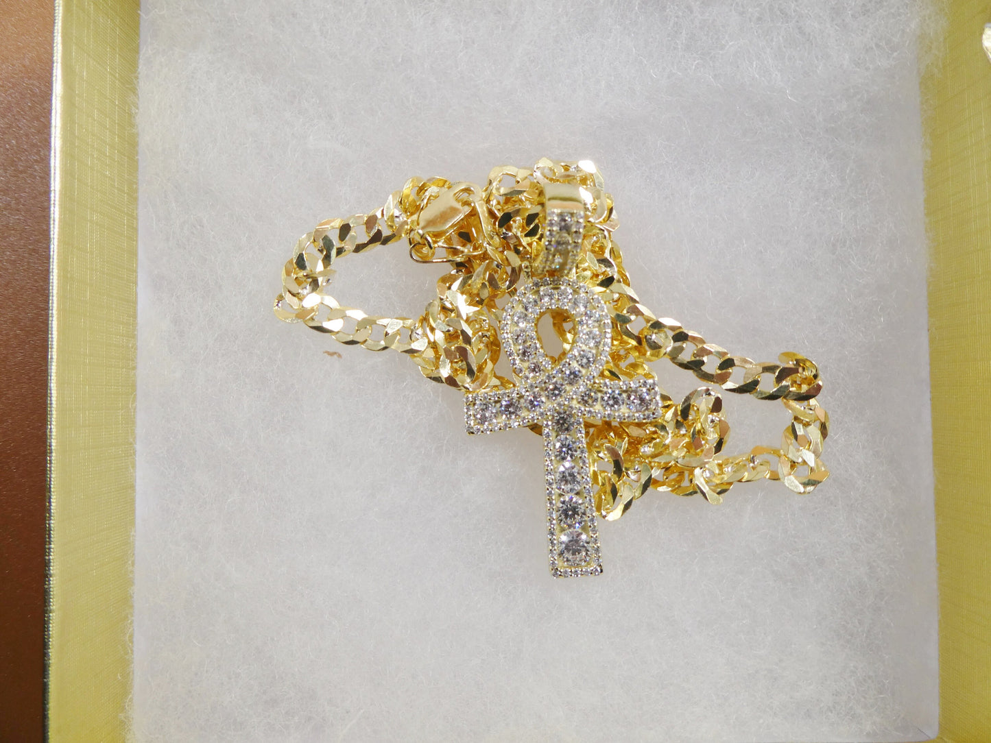 14k yellow gold color tone chain and cross charm pendent over real 925 sterling silver