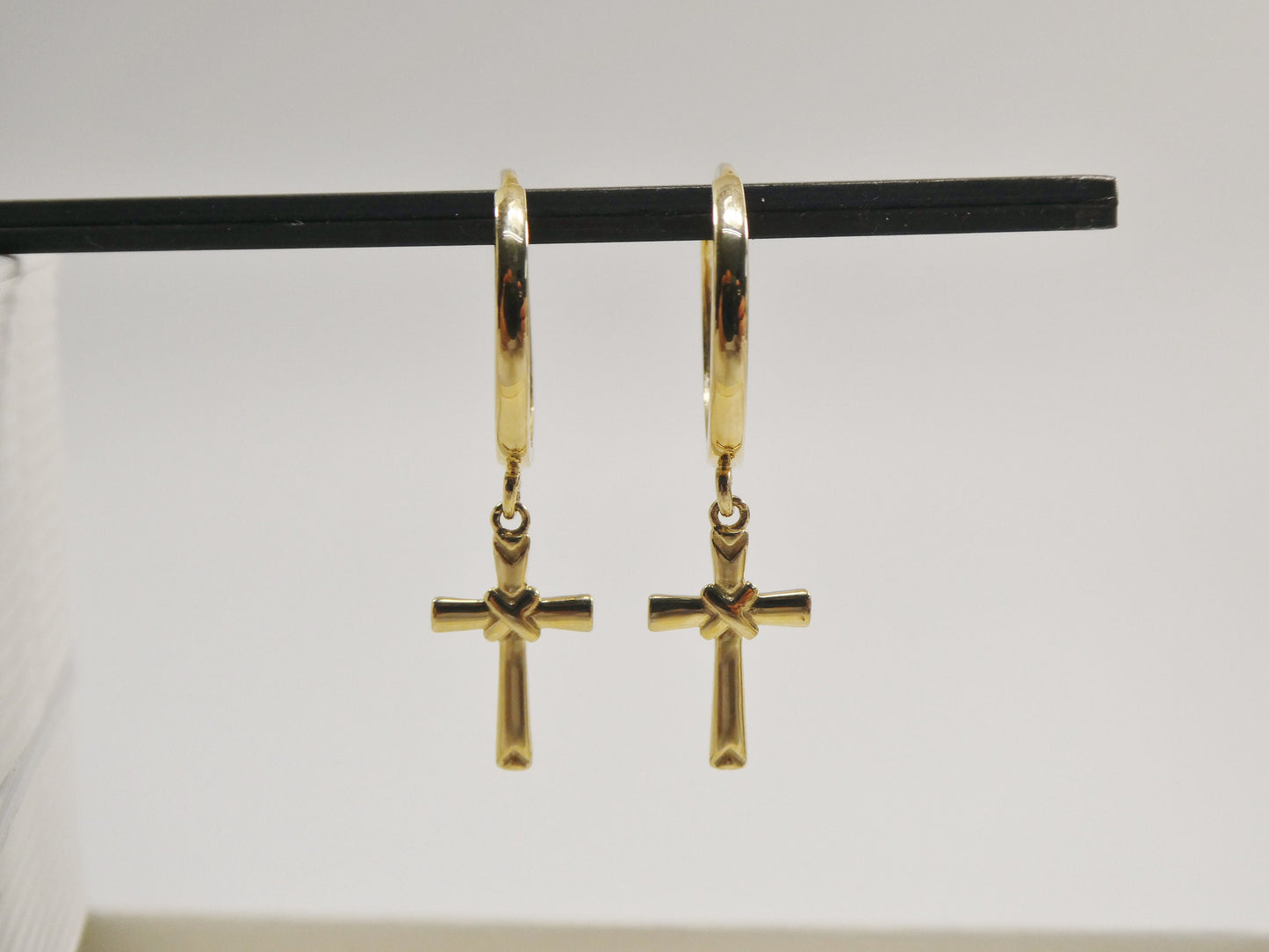 real 10k solid yellow gold hoop huggie dangle plain cross earring