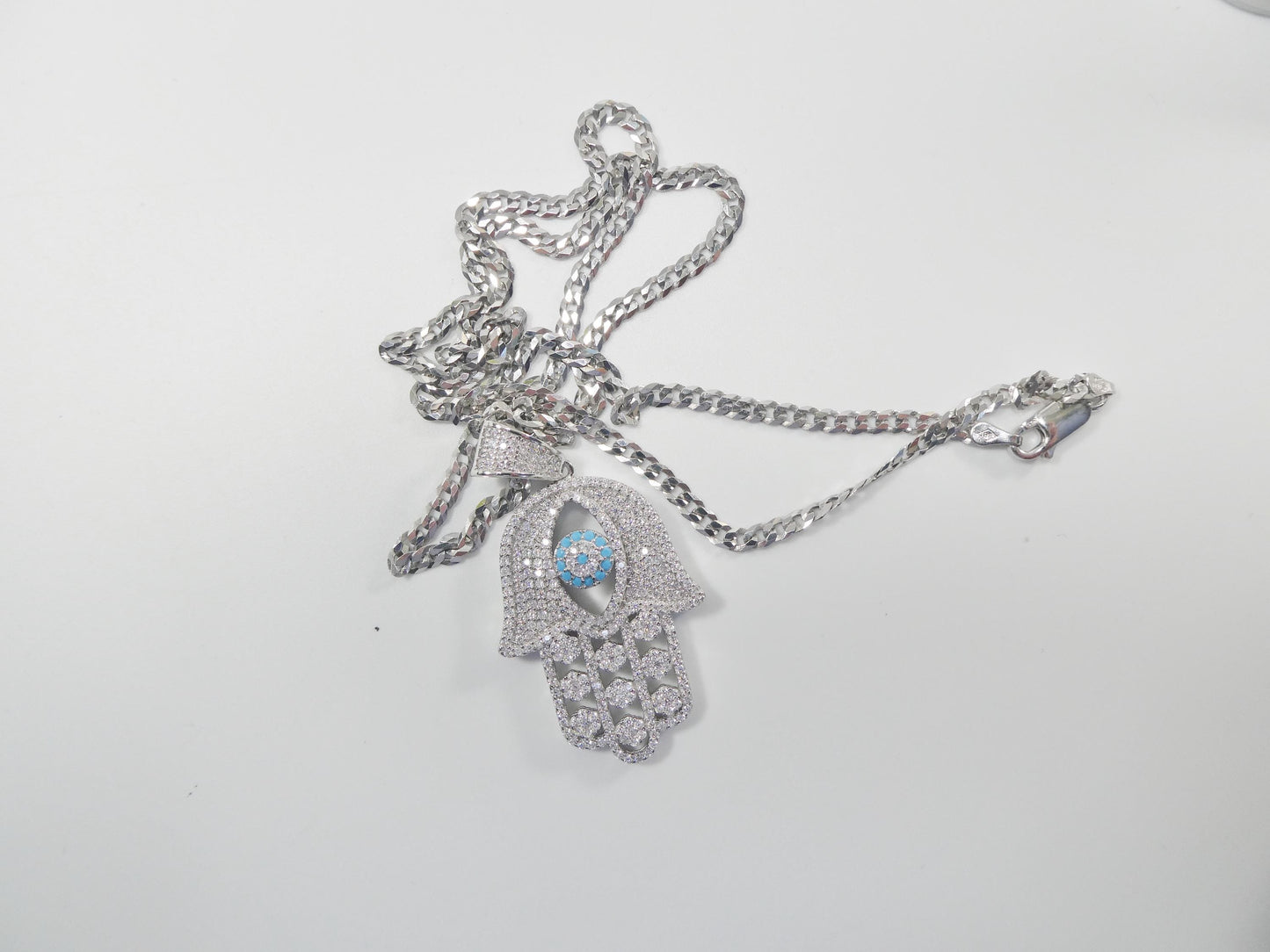 real 925 sterling silver 22 inch chain and hamsa evil eye charm pendent