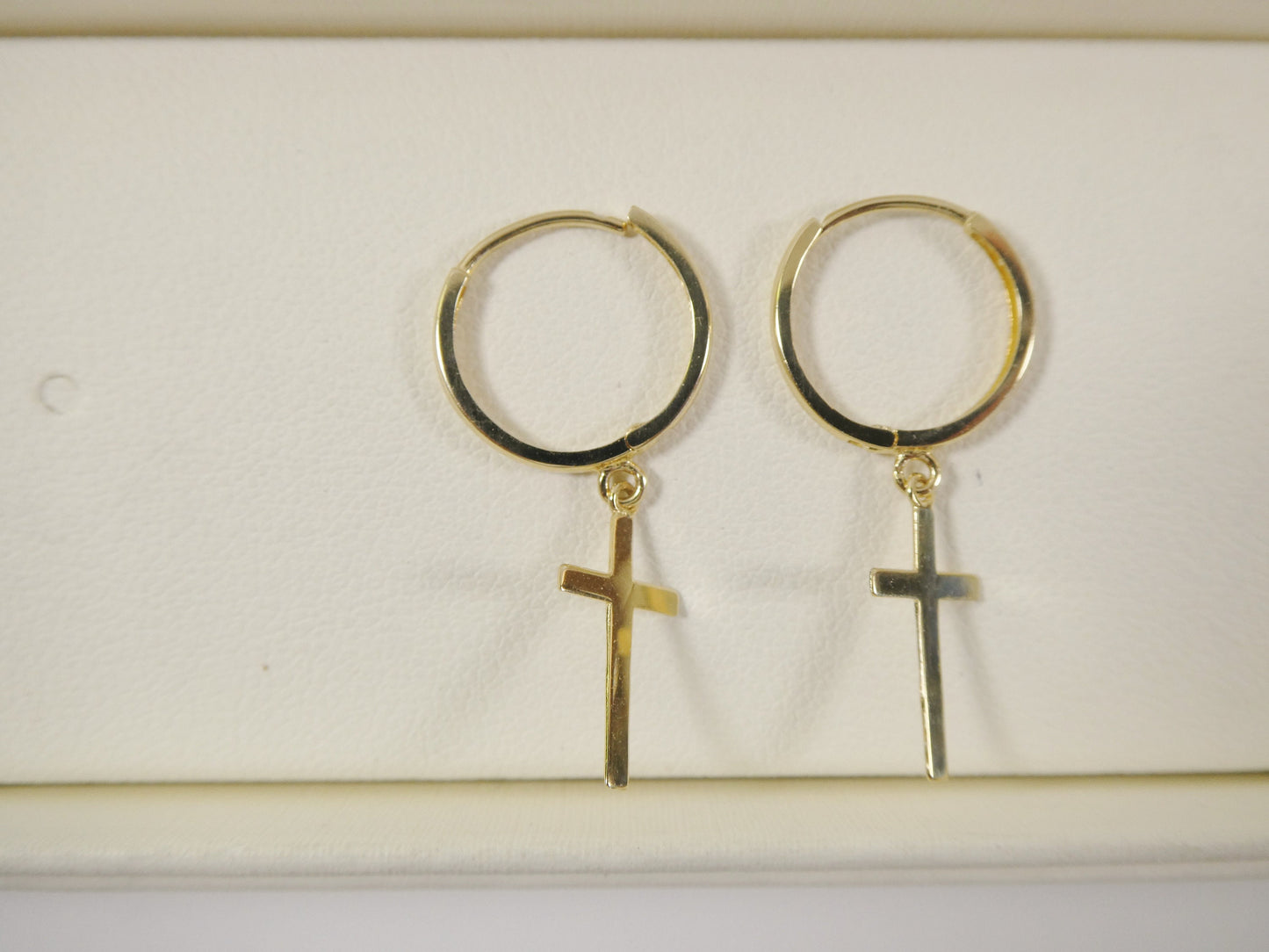 10k real solid yellow gold plain hoop huggie cross dropping