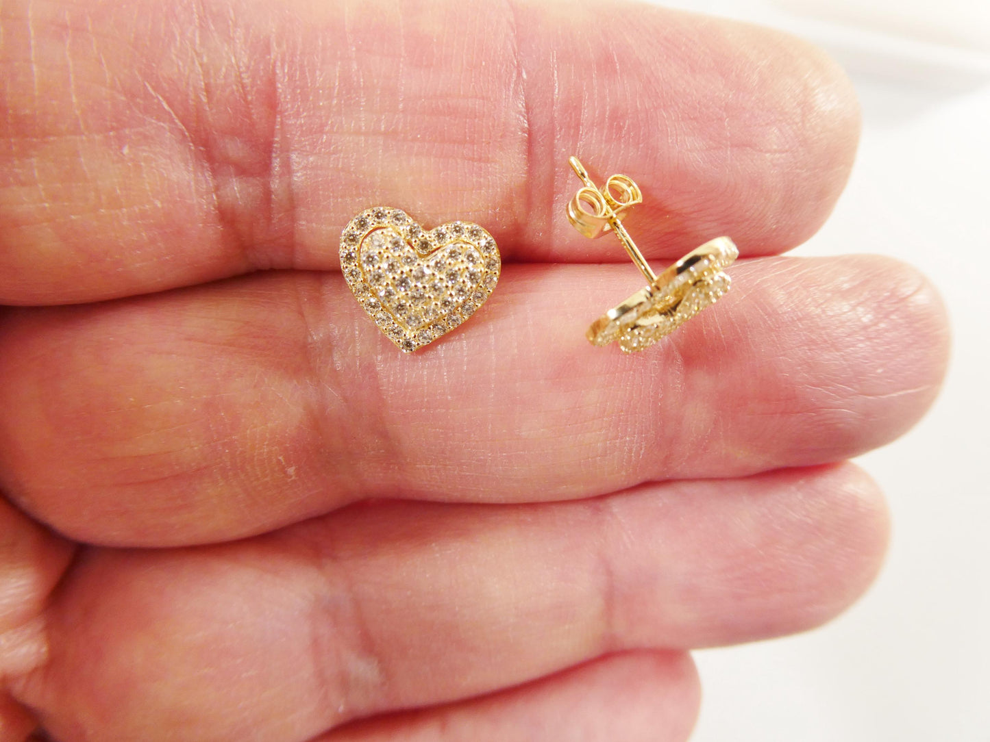 10k real solid gold double heart micro fave setting push back earrings