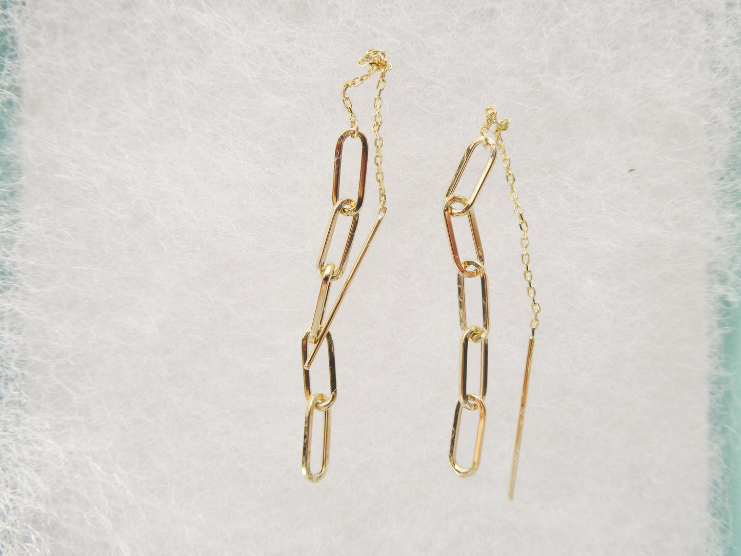 14k real solid yellow gold paperclip long dangling earring