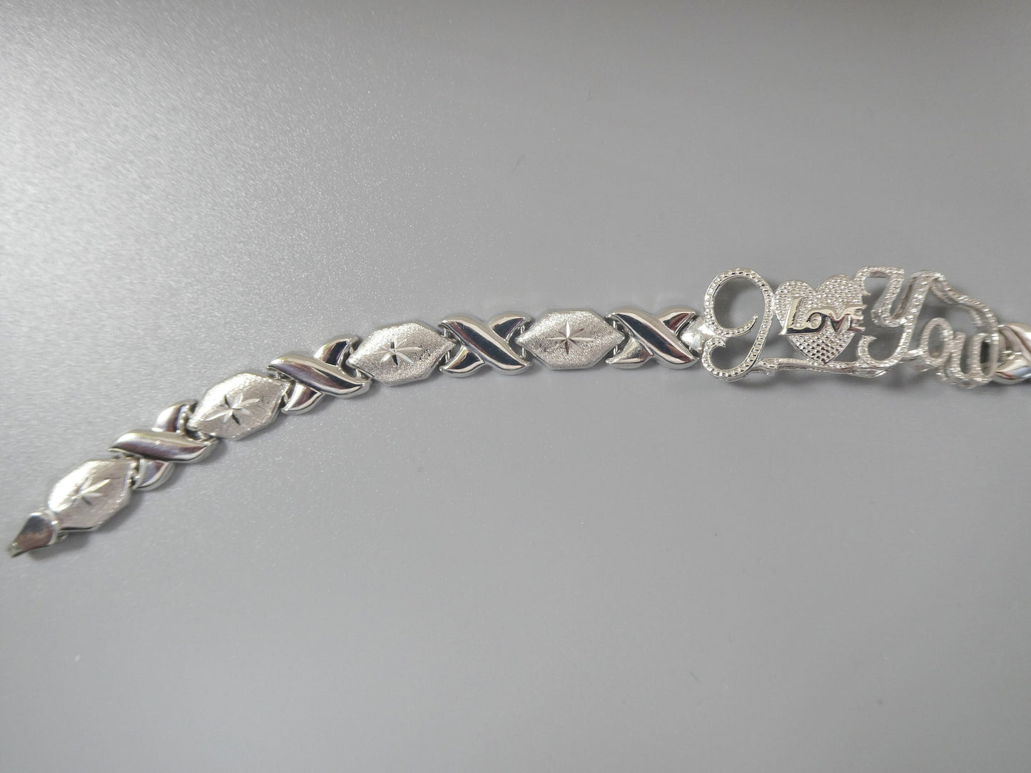 real 925 sterling silver I love you xo xo stampato bracelet 14k white gold finish