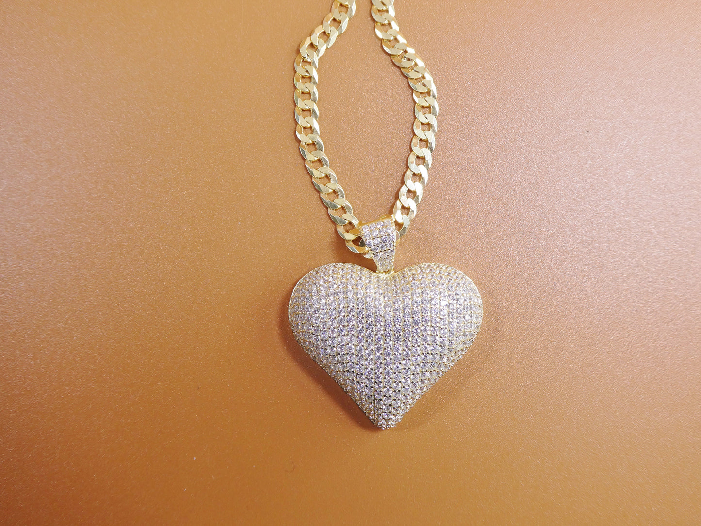 14k yellow gold color tone chain and large heart charm pendent over real 925 sterling silver
