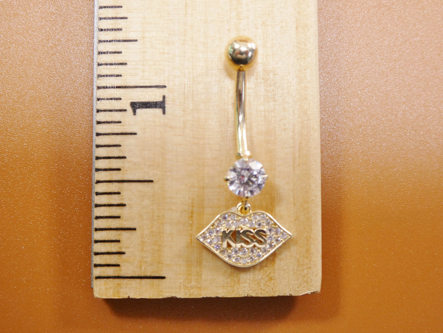 14k real solid yellow gold dangling logo kiss lips belly button ring piercing