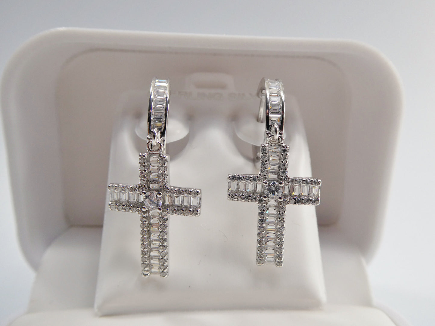 real 925 sterling silver micro pave setting 14k white gold color finish drop cross earring