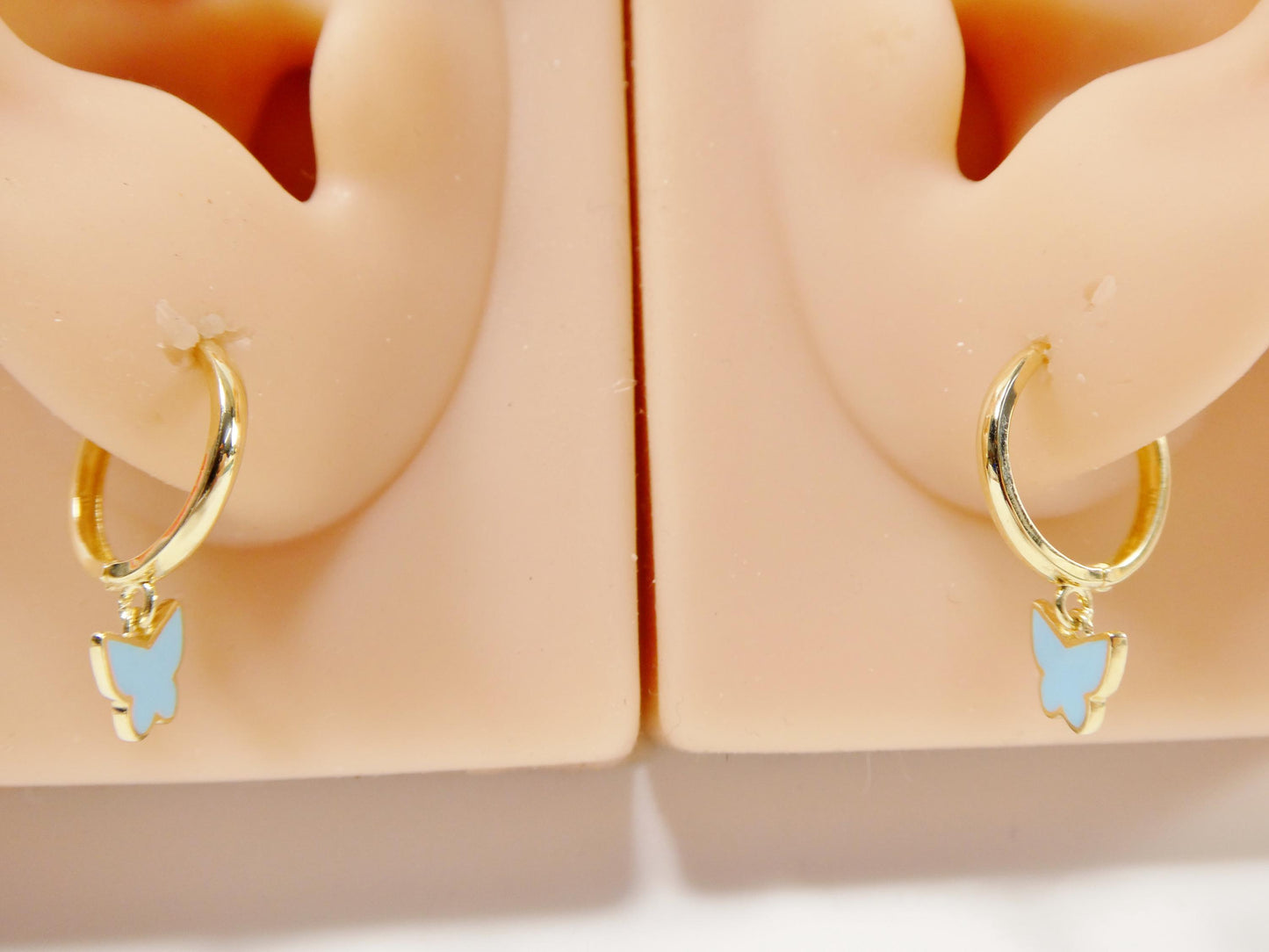real 10k solid yellow gold enamel drop butterfly hoop huggie earring