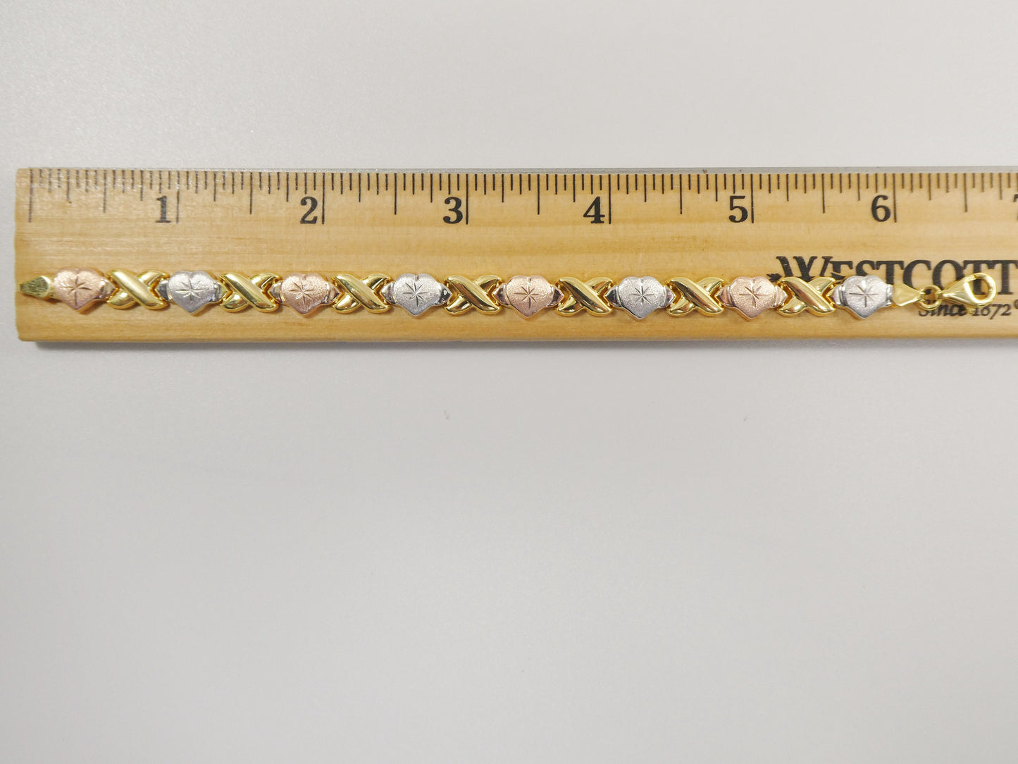 6.5 7/ 8 inch xoxo heart stampato bracelet tri color tone 14k yellow gold color finish over real 925 sterling silver