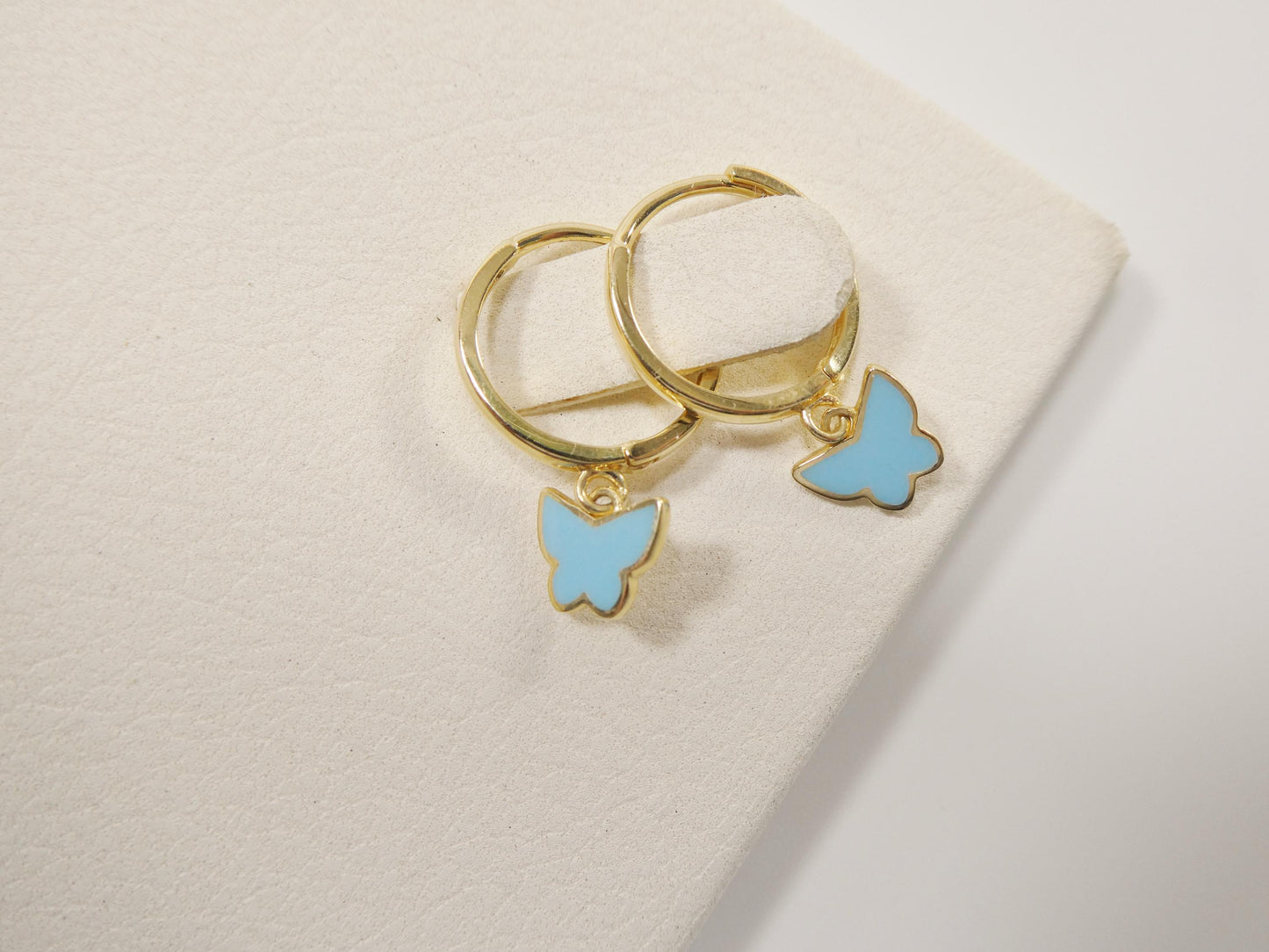 real 10k solid yellow gold enamel drop butterfly hoop huggie earring