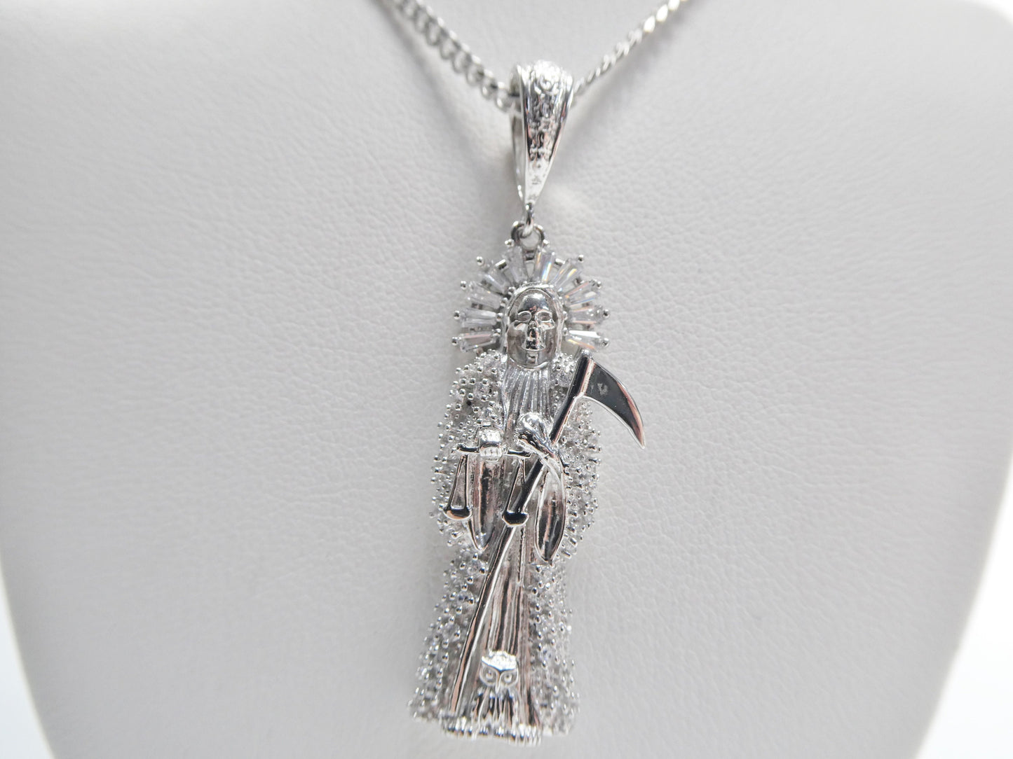 real 925 sterling silver 18 inch curb chain and santa muerte pendent charm