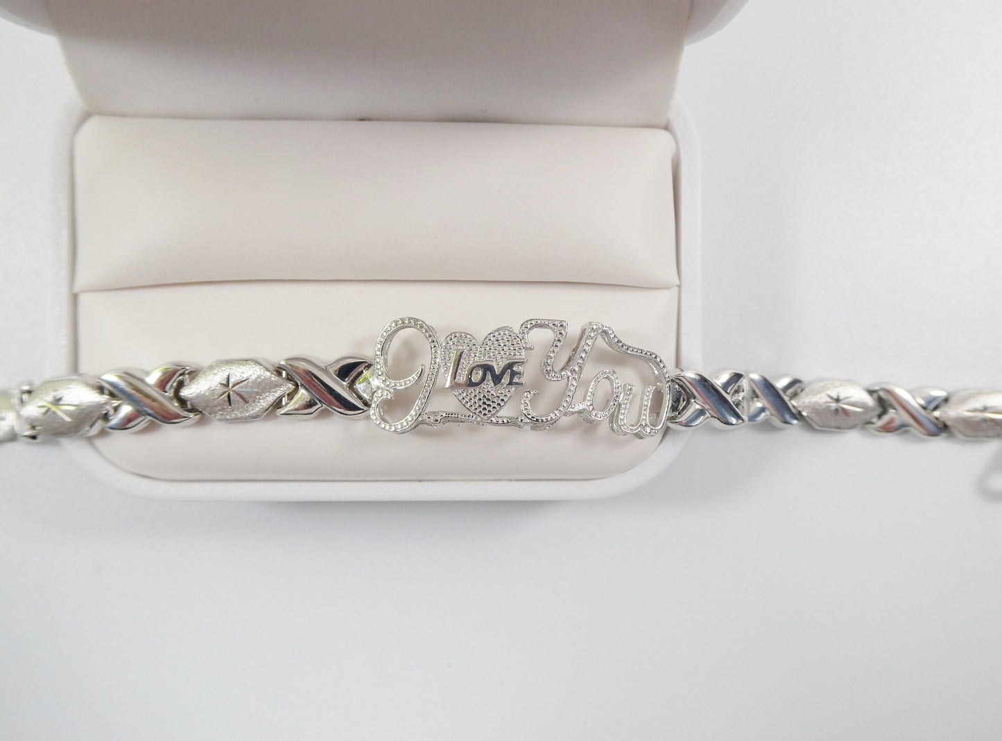 real 925 sterling silver I love you xo xo stampato bracelet 14k white gold finish