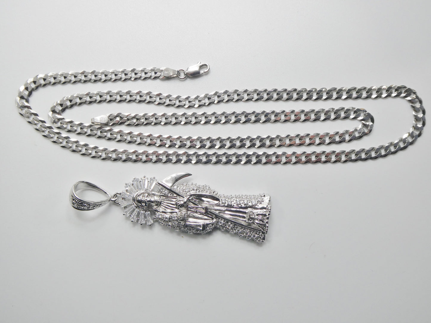 real 925 sterling silver 24 inch flat chain and extra large santa muerte pendent charm