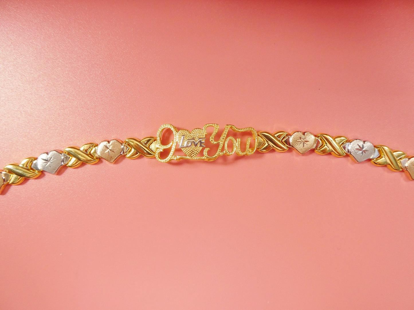 real 925 sterling silver I love you x and heart stampato bracelet 14k yellow gold tri color tone finish