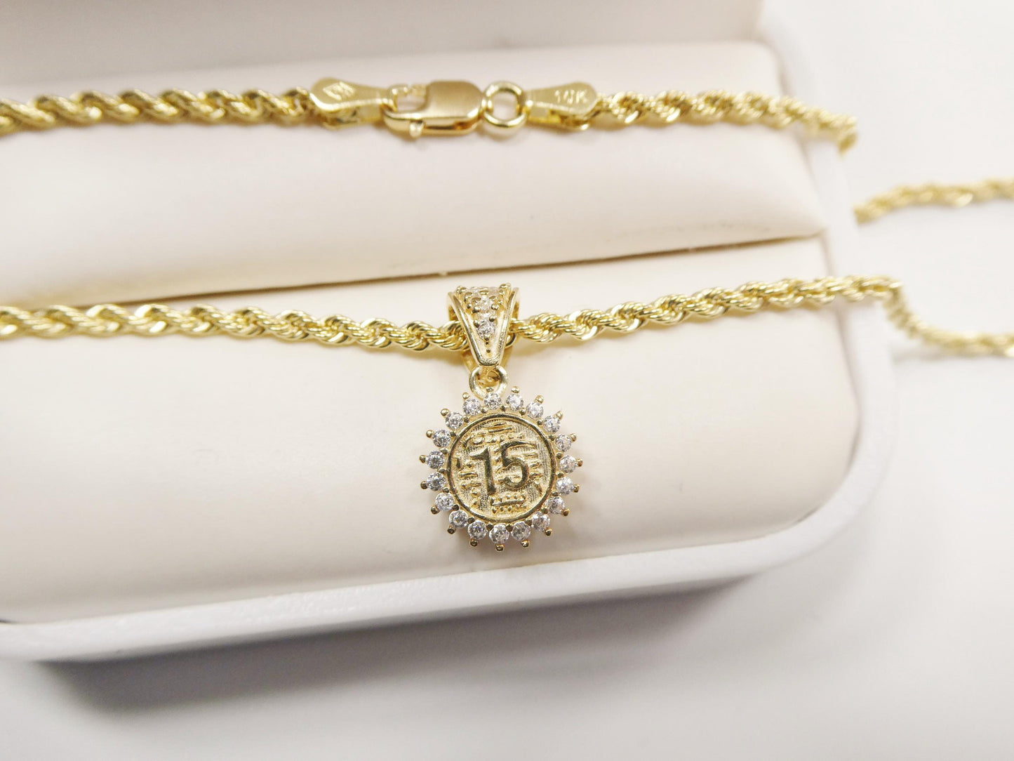 10k real solid yellow gold 15 years boy girl pendent and rope necklace