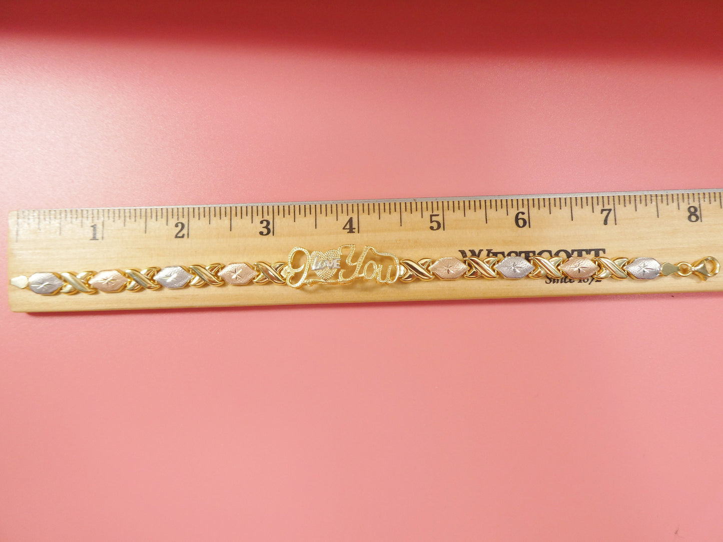 real 925 sterling silver I love you xo xo stampato bracelet 14k yellow gold tri color tone finish
