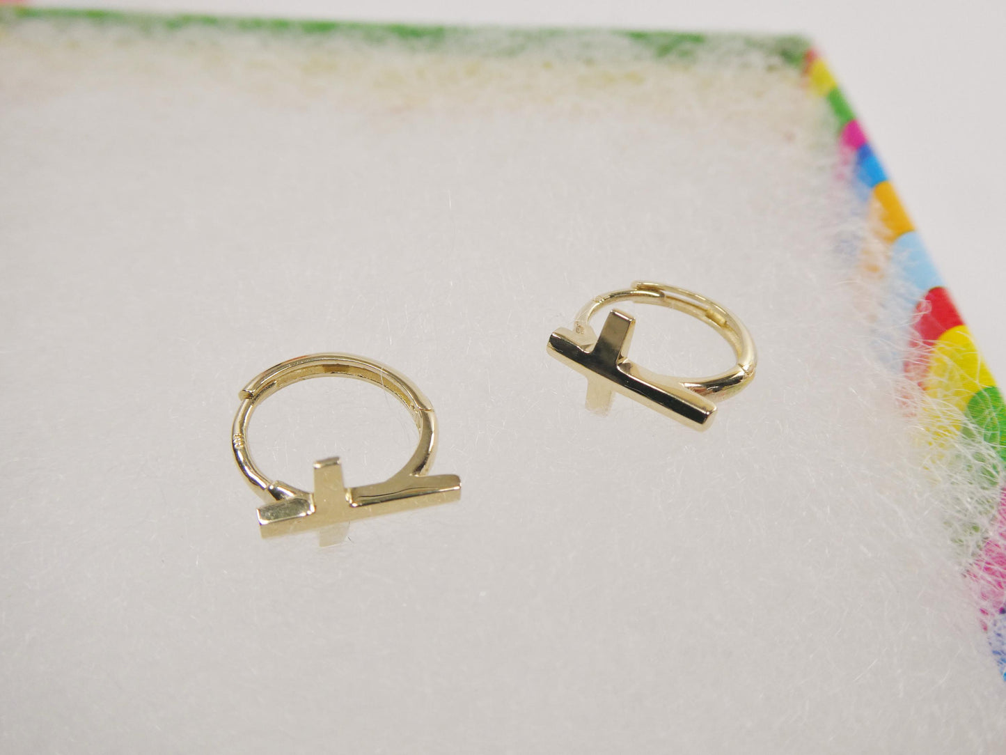 real 10k solid yellow gold cross hoop huggie earrings