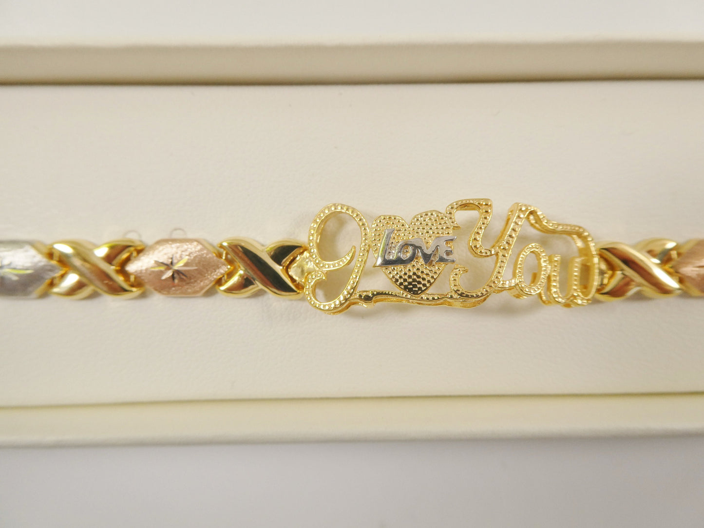 real 925 sterling silver I love you xo xo stampato bracelet 14k yellow gold tri color tone finish