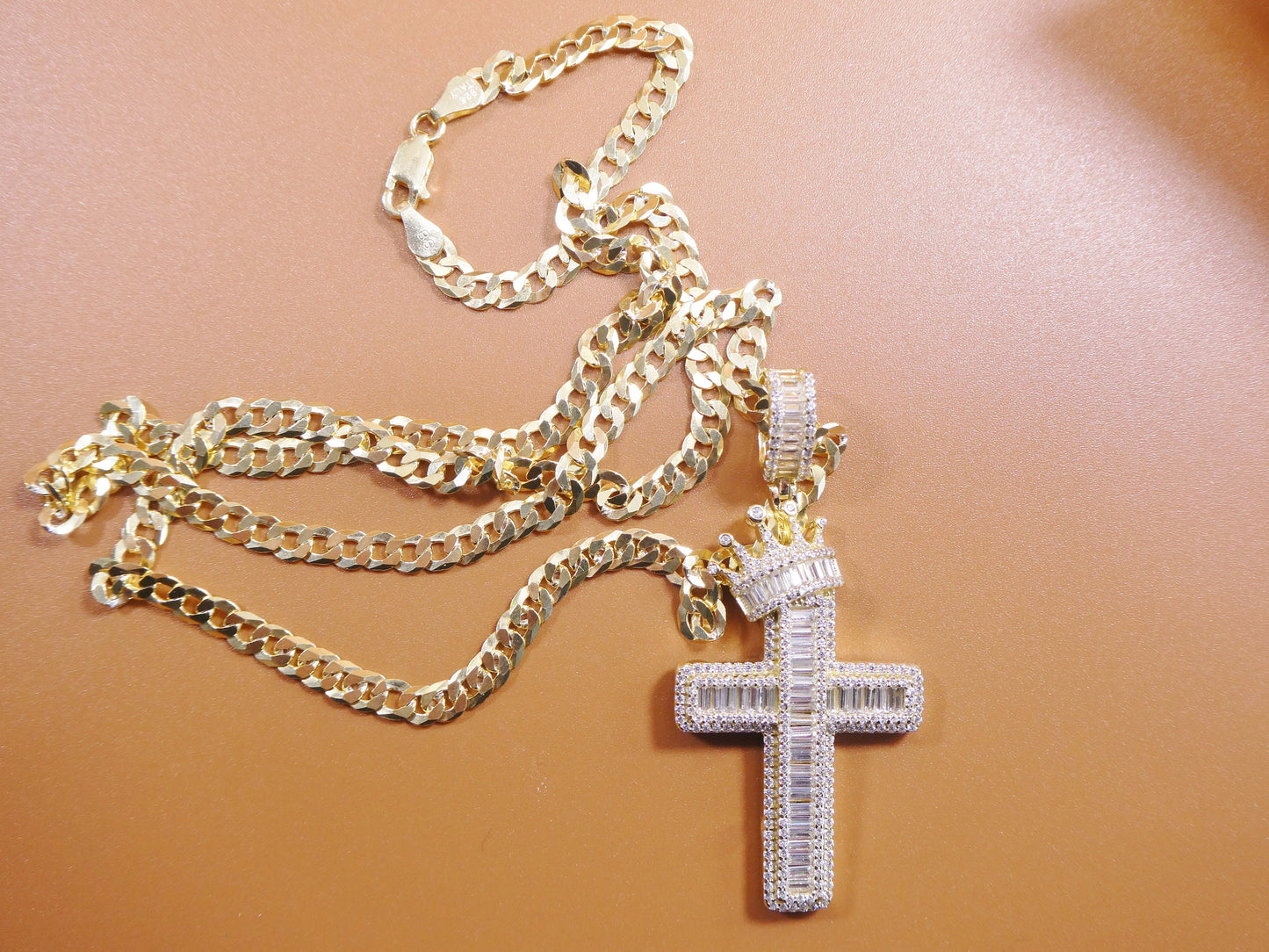 14k yellow gold color tone chain and cross charm pendent over real 925 sterling silver