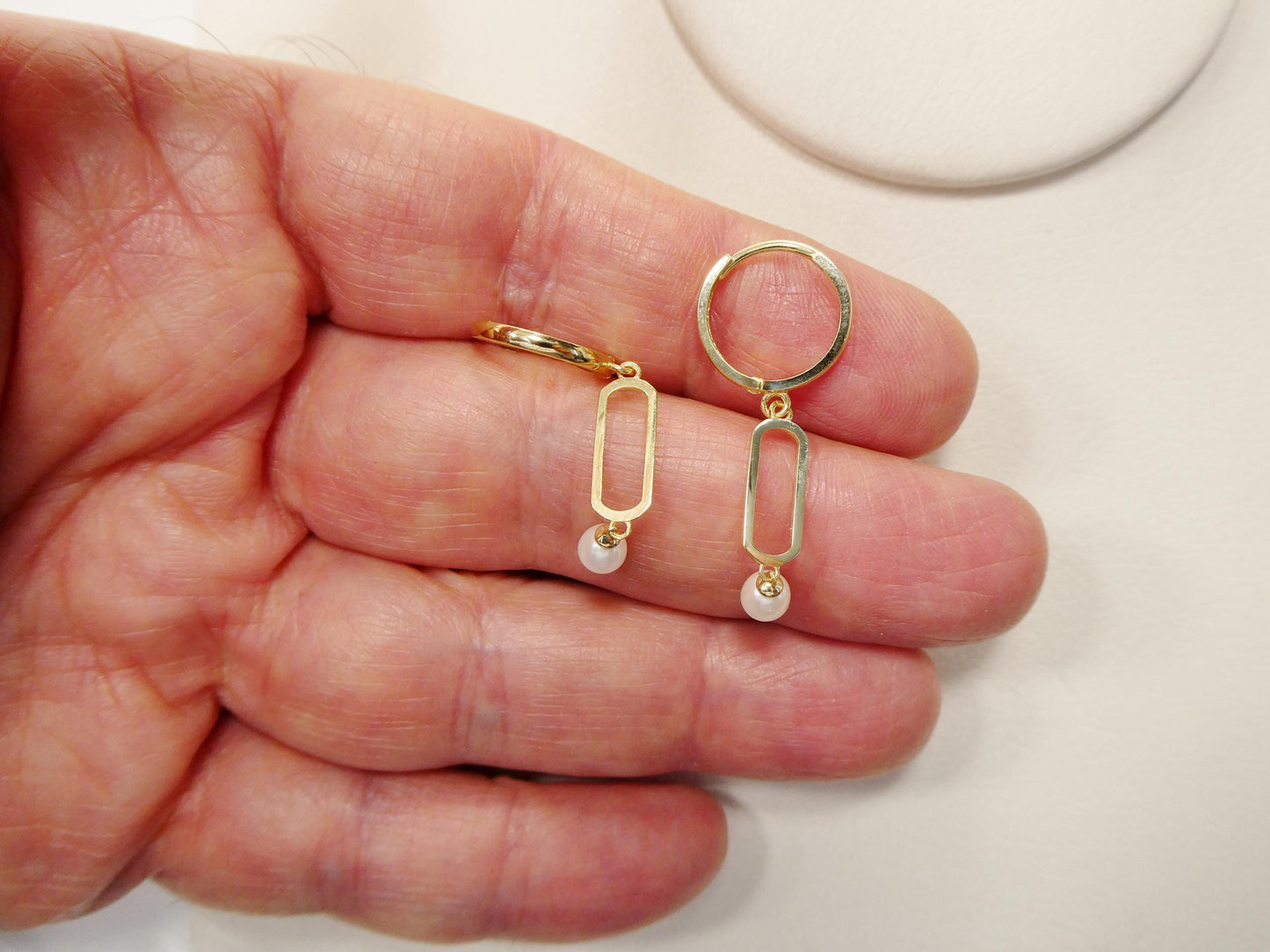 real 10k solid yellow gold paperclip pearl dropping earring