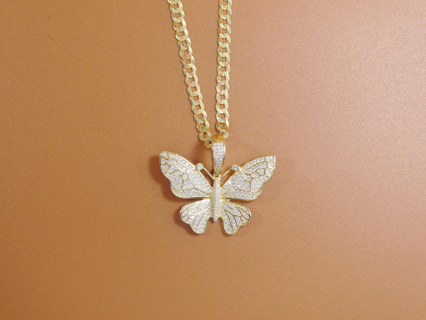 14k yellow gold color tone chain and large butterfly charm pendent over real 925 sterling silver