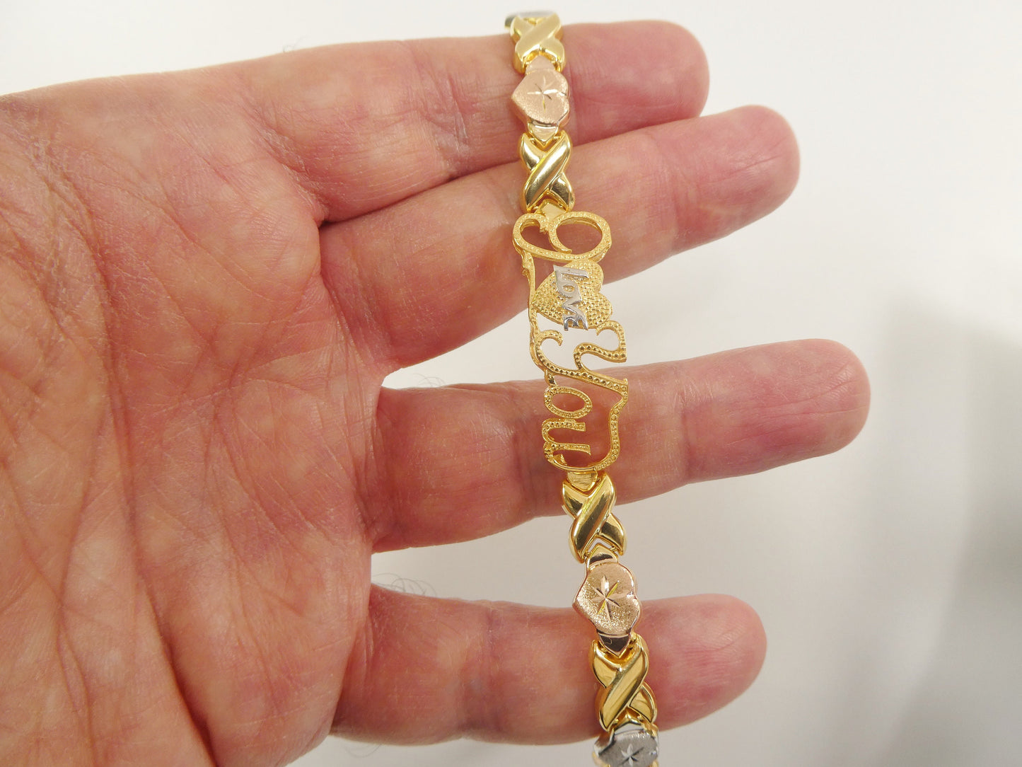 real 925 sterling silver I love you x and heart stampato bracelet 14k yellow gold tri color tone finish