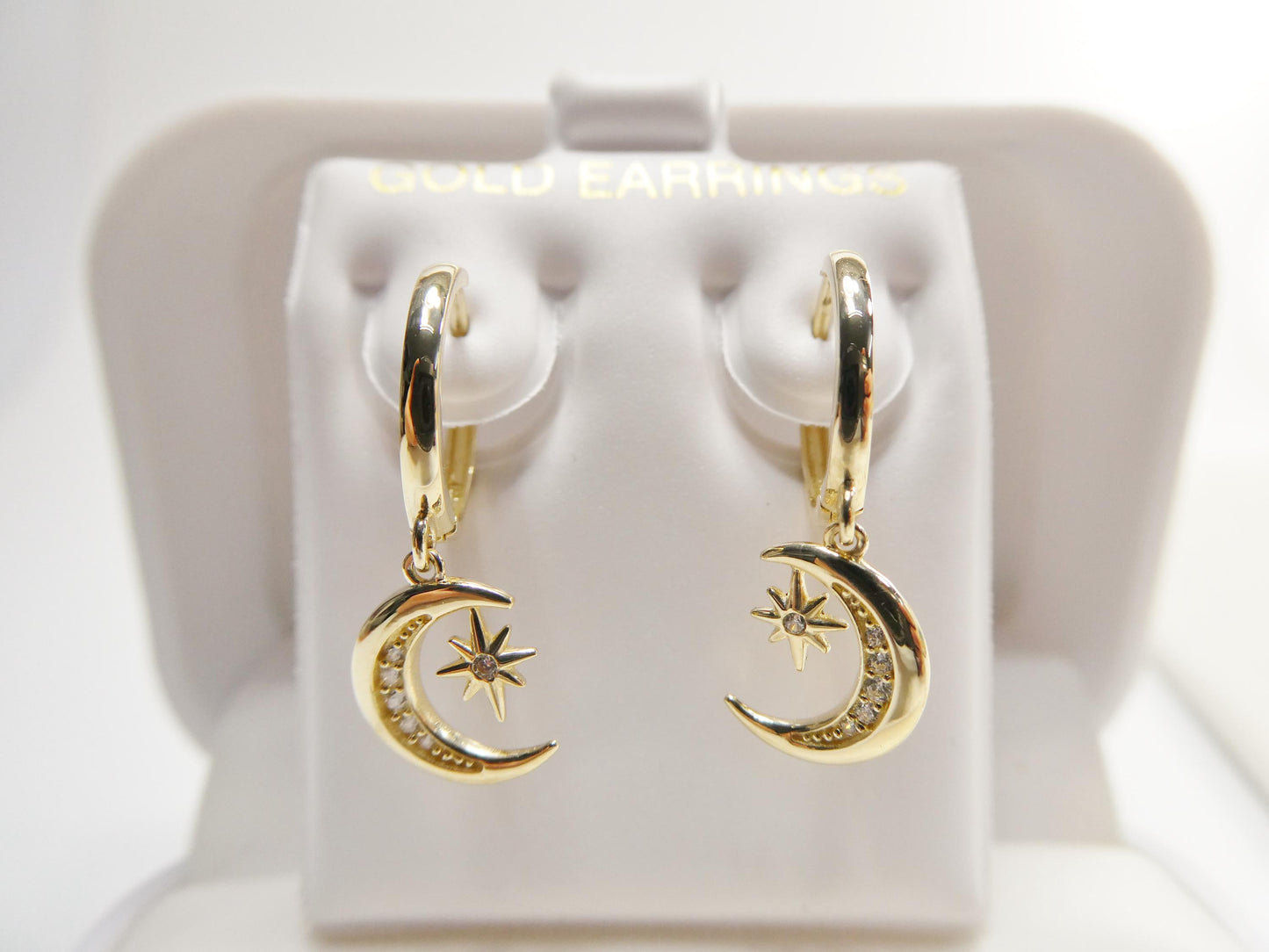 real 10k solid yellow gold designer moon and star hoop huggie earrings